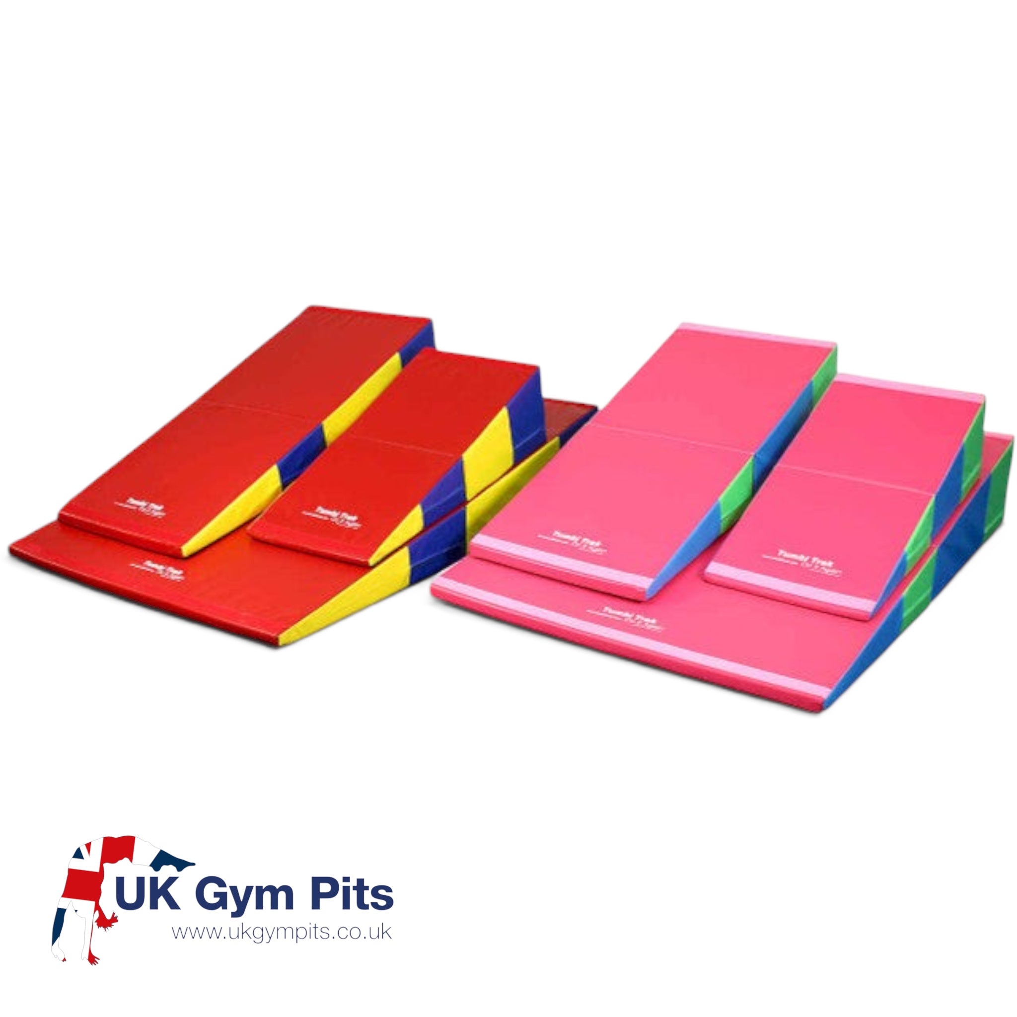 UK Gym Pits folding incline wedge mats in red and pink colour variations for gymnastics and cheer training.