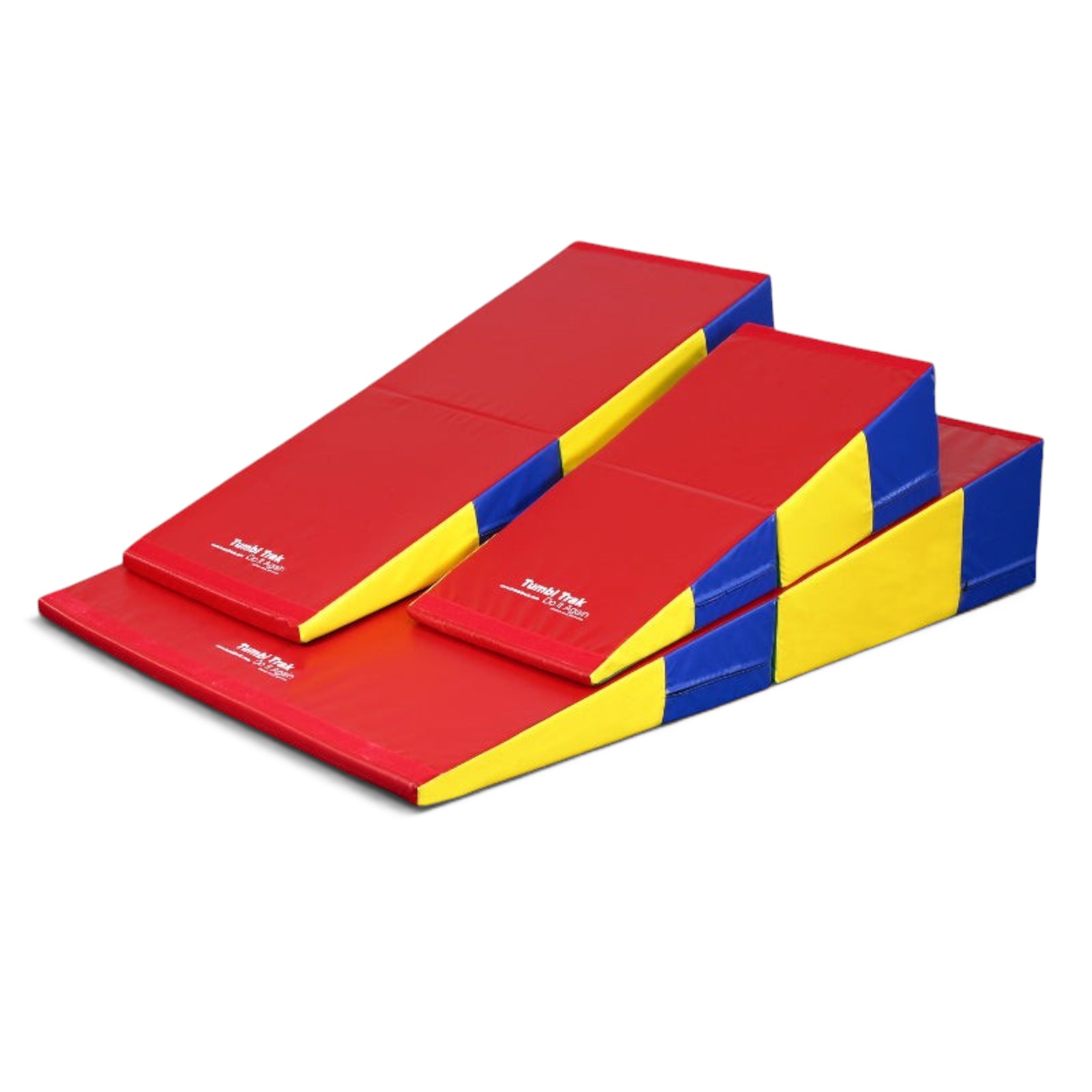 UK Gym Pits folding incline wedge mats in red, yellow, and blue vinyl for gymnastics and tumbling training.