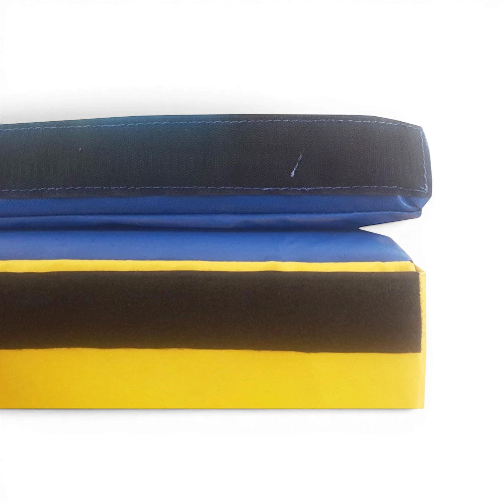 UK Gym Pits folding inclined wedge in blue and yellow PVC with black velcro fastening for gymnastics and soft play.