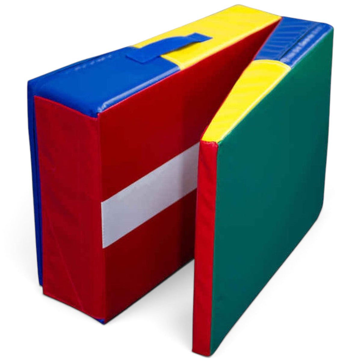 UK Gym Pits folding mini ramp in red, blue, green, and yellow vinyl for preschool gymnastics and play