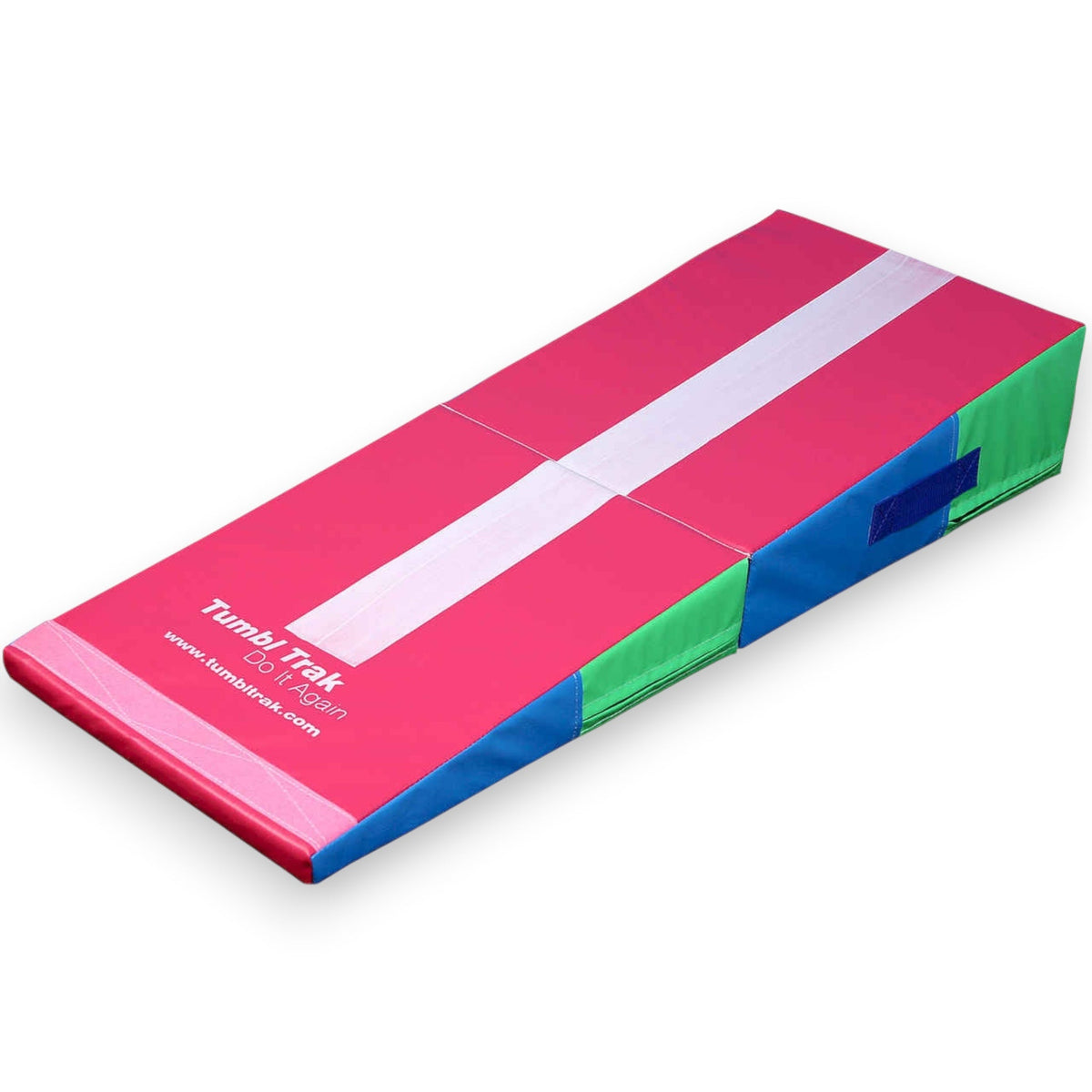 UK Gym Pits folding mini ramp in pink, green, and blue vinyl for gymnastics training and preschool tumbling