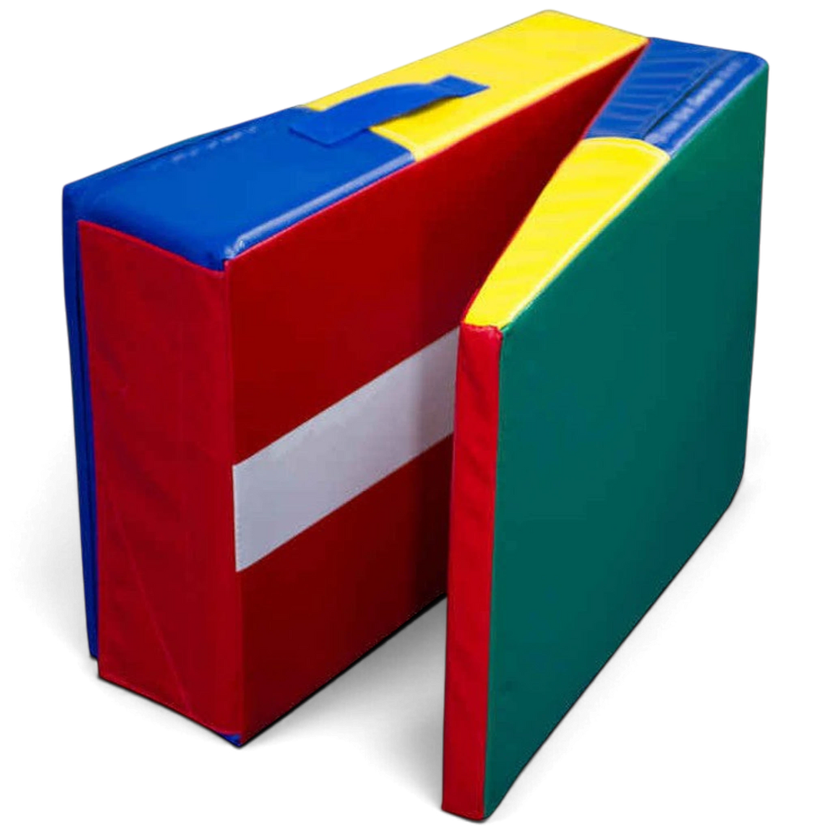 UK Gym Pits folding mini ramp in red, blue, yellow, and green vinyl, showing the block and wedge configurations.