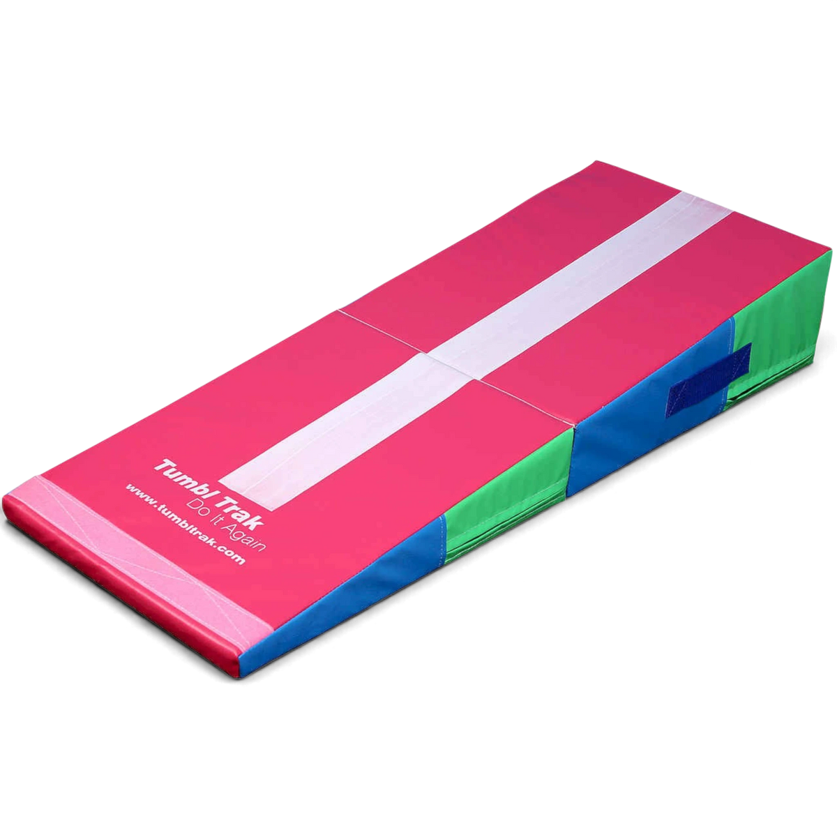 UK Gym Pits folding mini ramp in pink, green, and blue vinyl for preschool gymnastics training