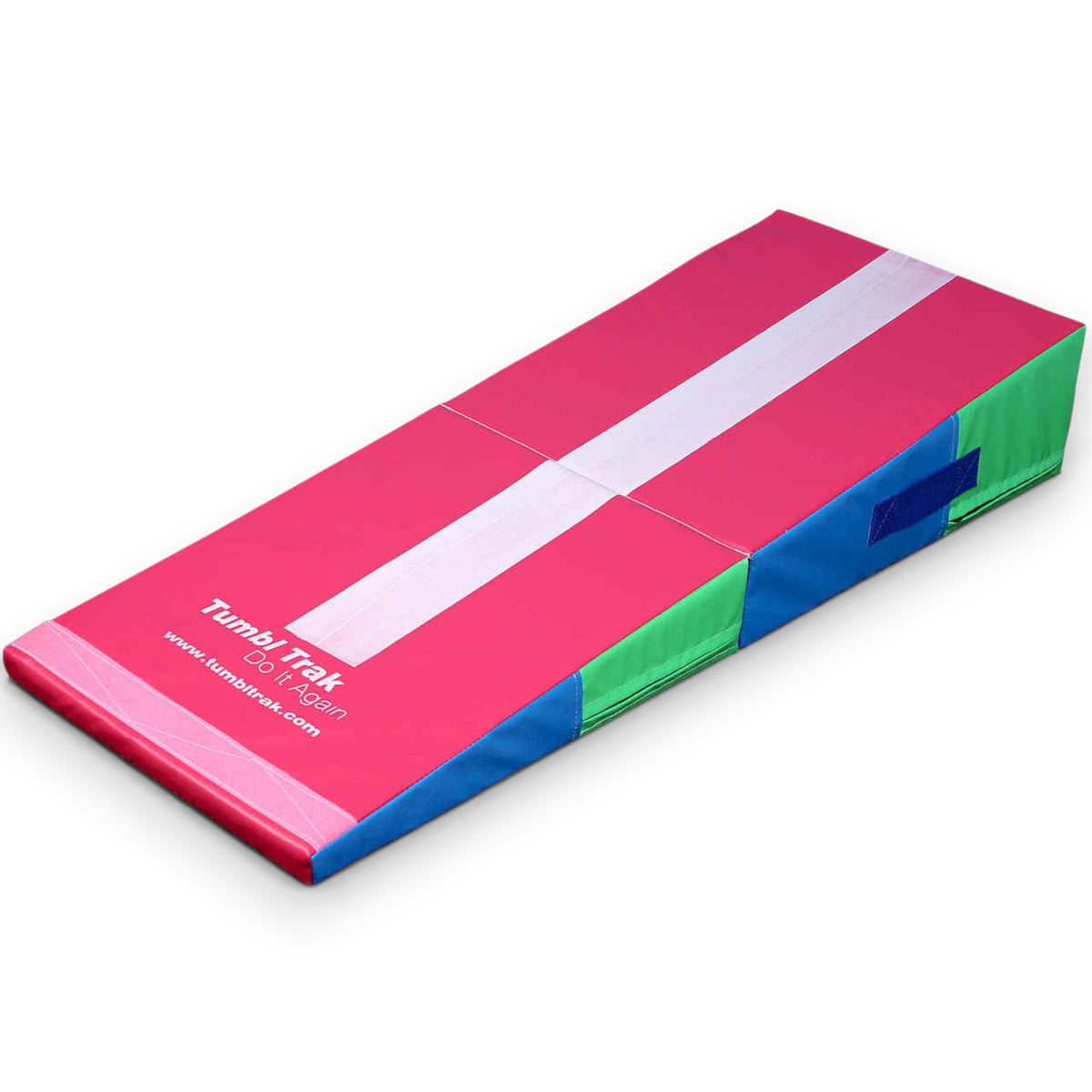 UK Gym Pits folding mini ramp in pink, green, and blue vinyl for preschool gymnastics and play