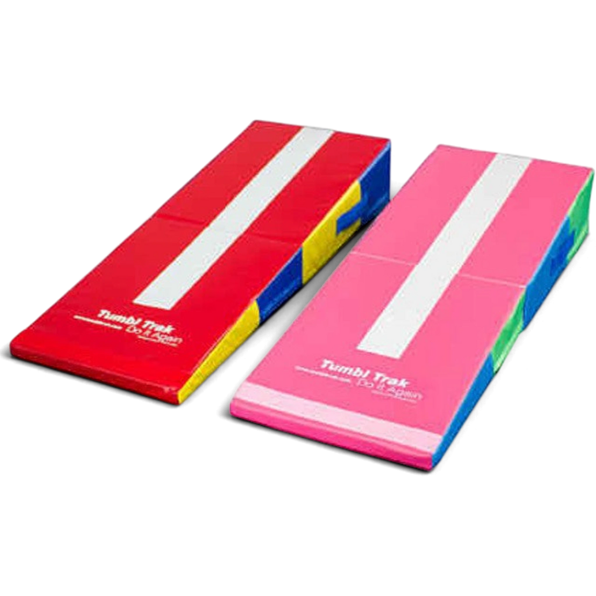 UK Gym Pits T-Trainer package featuring two colourful folding mini ramps with white centre stripes for gymnastics