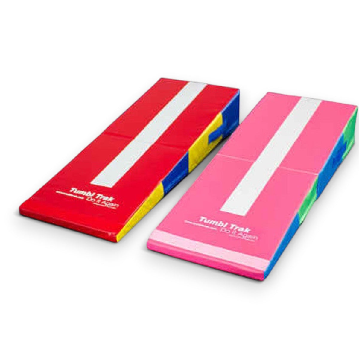 UK Gym Pits folding mini ramps in red and pink vinyl for gymnastics training, featuring white centre guide lines.