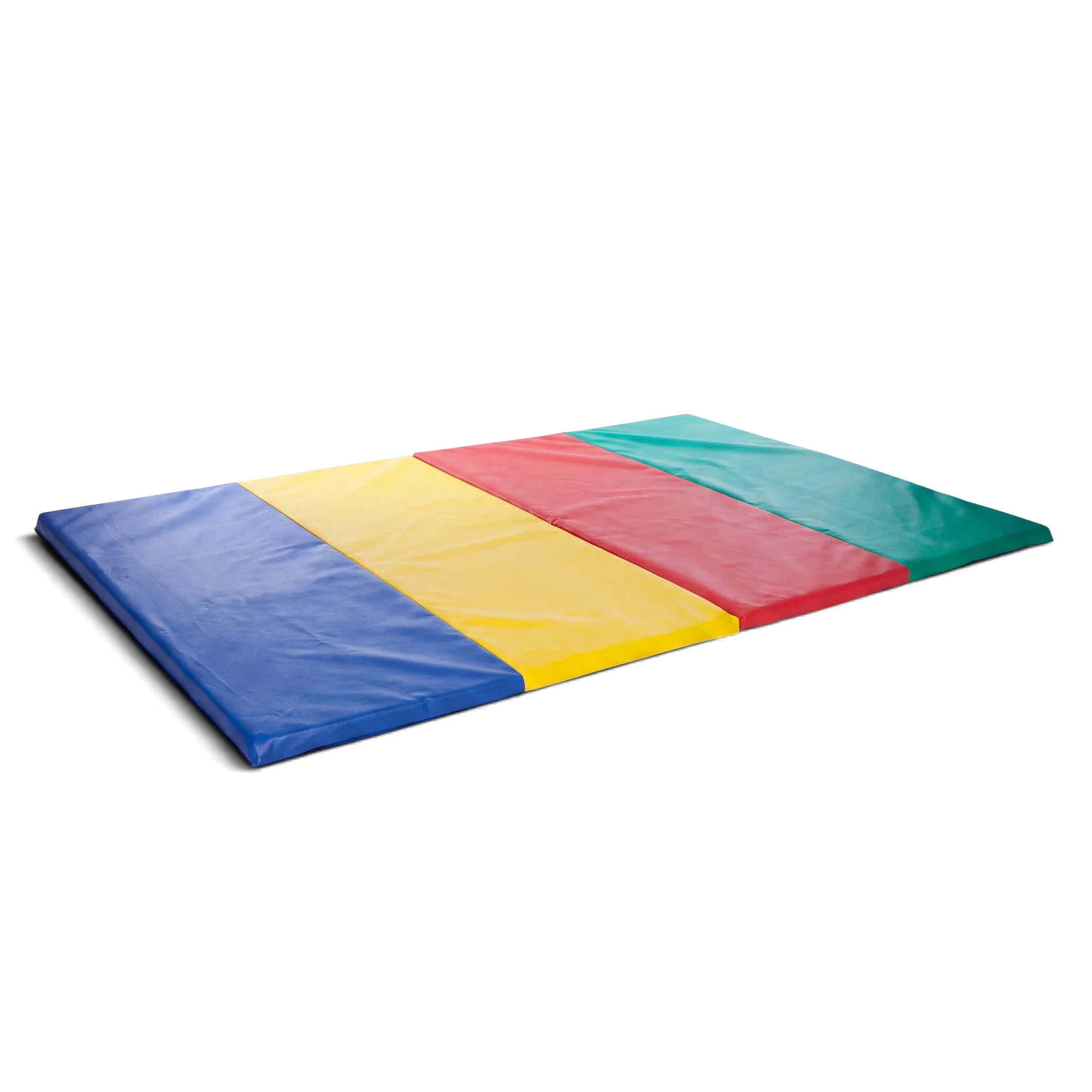 UK Gym Pits folding tumble mat with multi-colored vinyl panels in blue, yellow, red, and green for floor exercises.