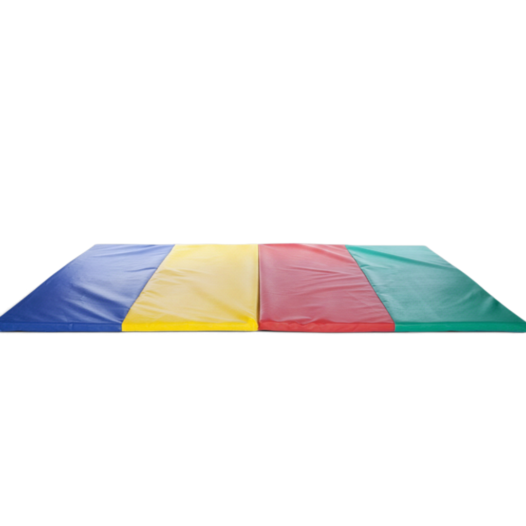 UK Gym Pits folding tumble mat featuring blue, yellow, red, and green panels with a durable, easy-to-clean PVC surface.