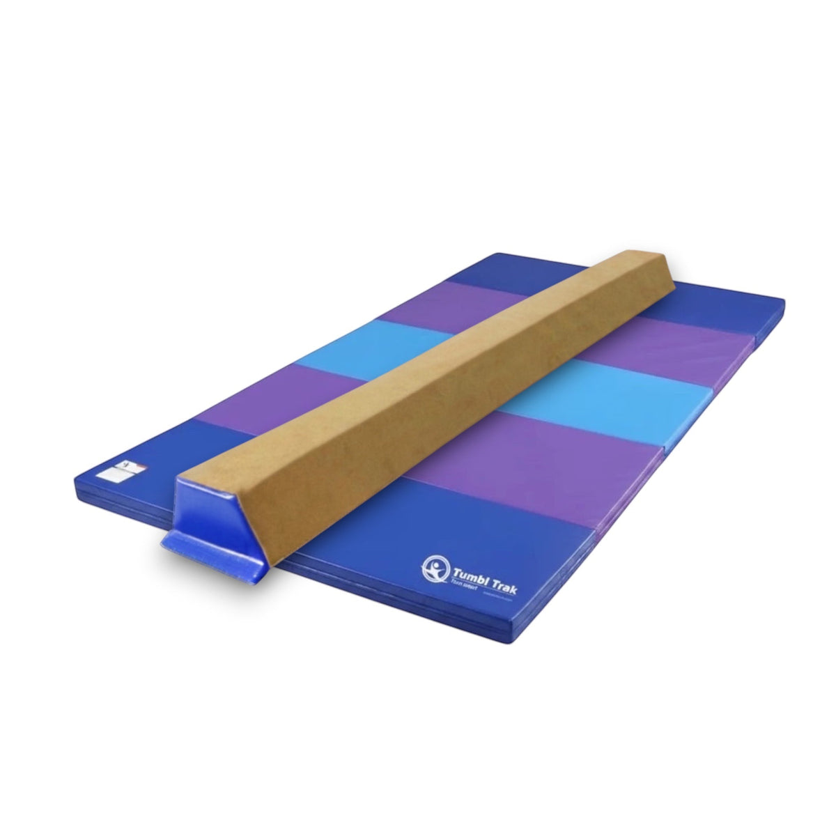 UK Gym Pits multi-coloured folding gymnastics tumbling mat with blue, purple, and light blue panels.