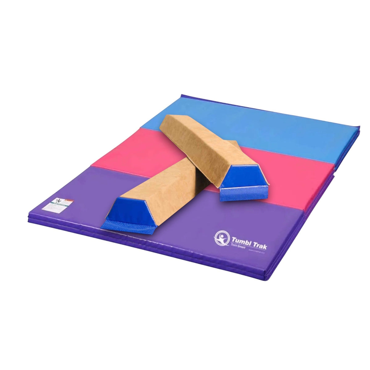 UK Gym Pits folding tumbling mat with purple, pink, and blue vinyl panels for gymnastics and floor exercise training.