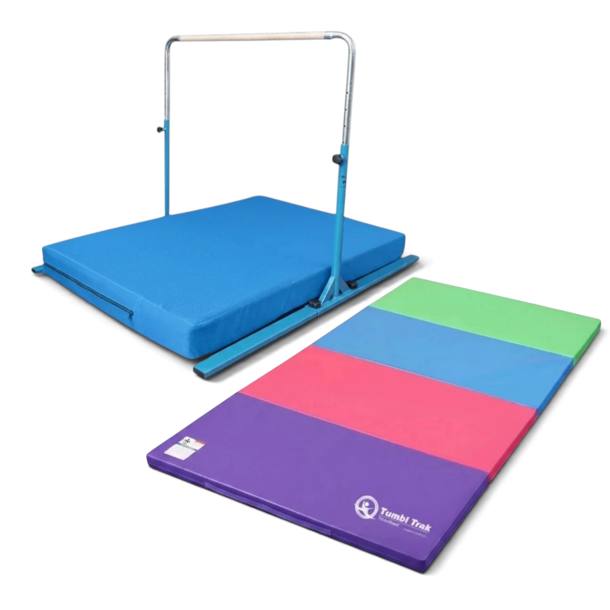UK Gym Pits multi-coloured folding gymnastics tumbling mat with purple, pink, blue, and green panels
