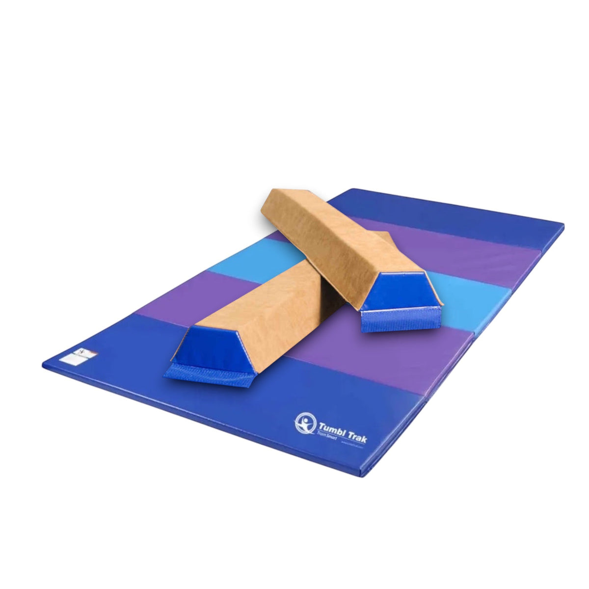 UK Gym Pits folding gymnastics tumbling mat with blue and purple vinyl panels for home or gym training
