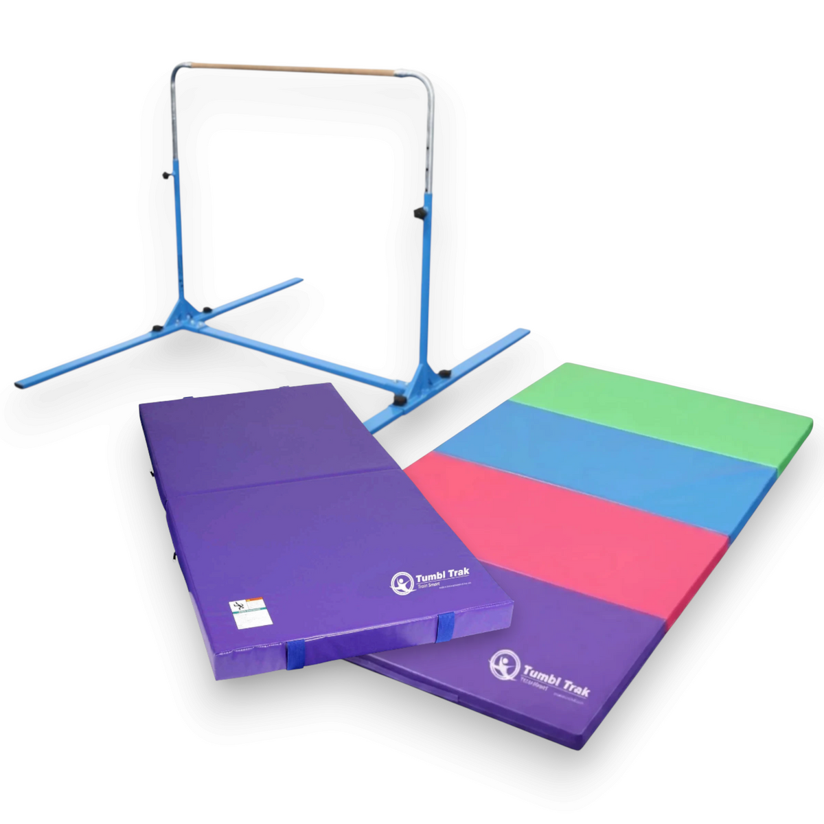 UK Gym Pits multi-coloured folding tumbling mat with blue and purple vinyl panels for gymnastics and floor exercise