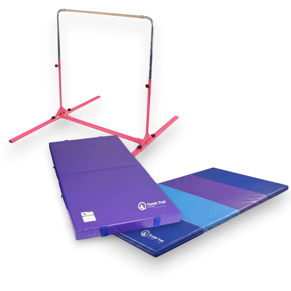 UK Gym Pits multi-coloured folding tumbling mat with blue and purple vinyl panels for gymnastics and floor exercise