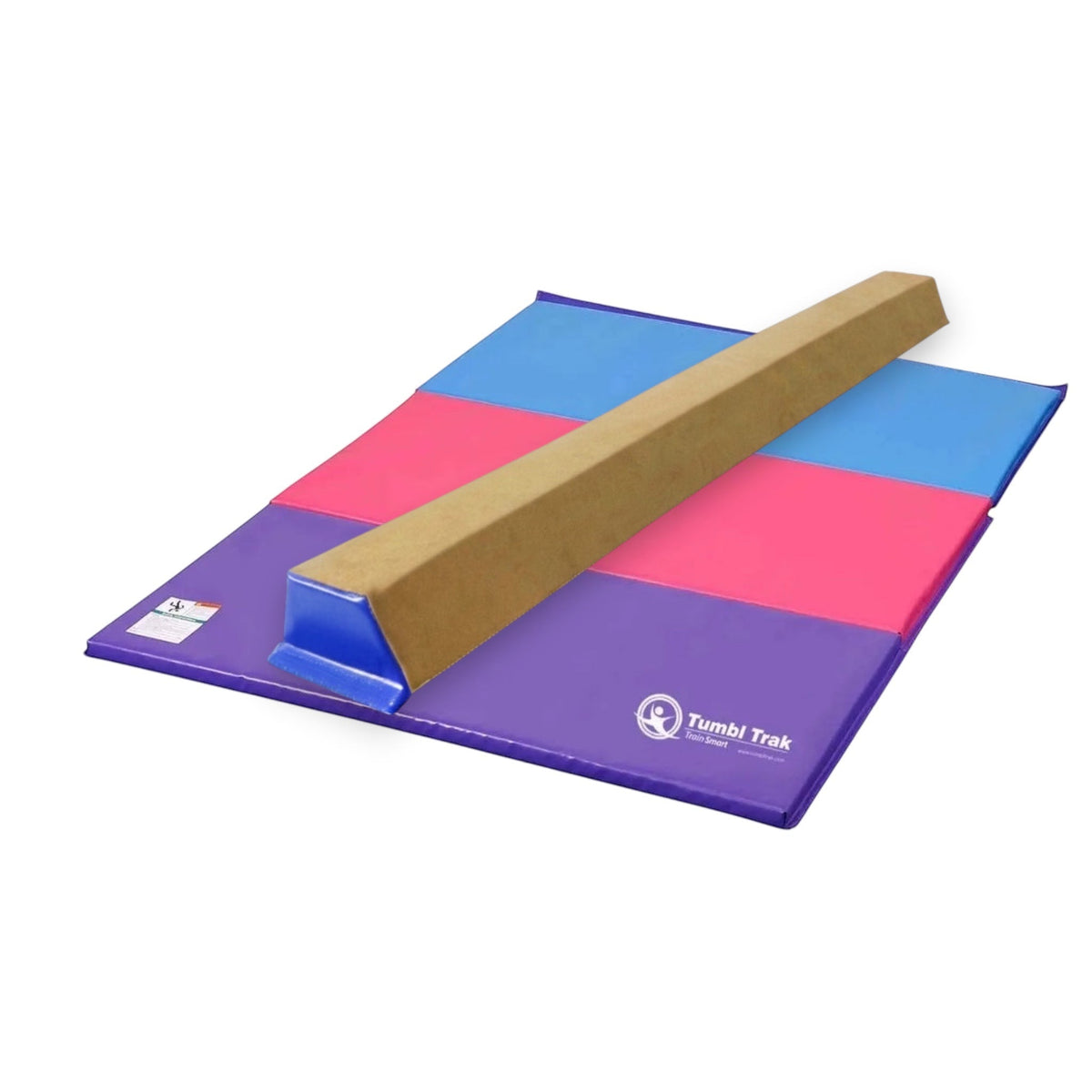 UK Gym Pits tri-colour folding tumbling mat in blue, pink, and purple vinyl for gymnastics and exercise training.