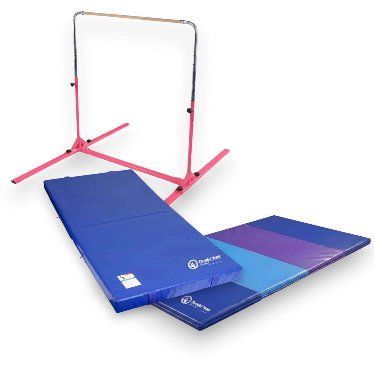 UK Gym Pits multi-coloured folding tumbling mat with blue and purple vinyl panels for gymnastics and floor exercise