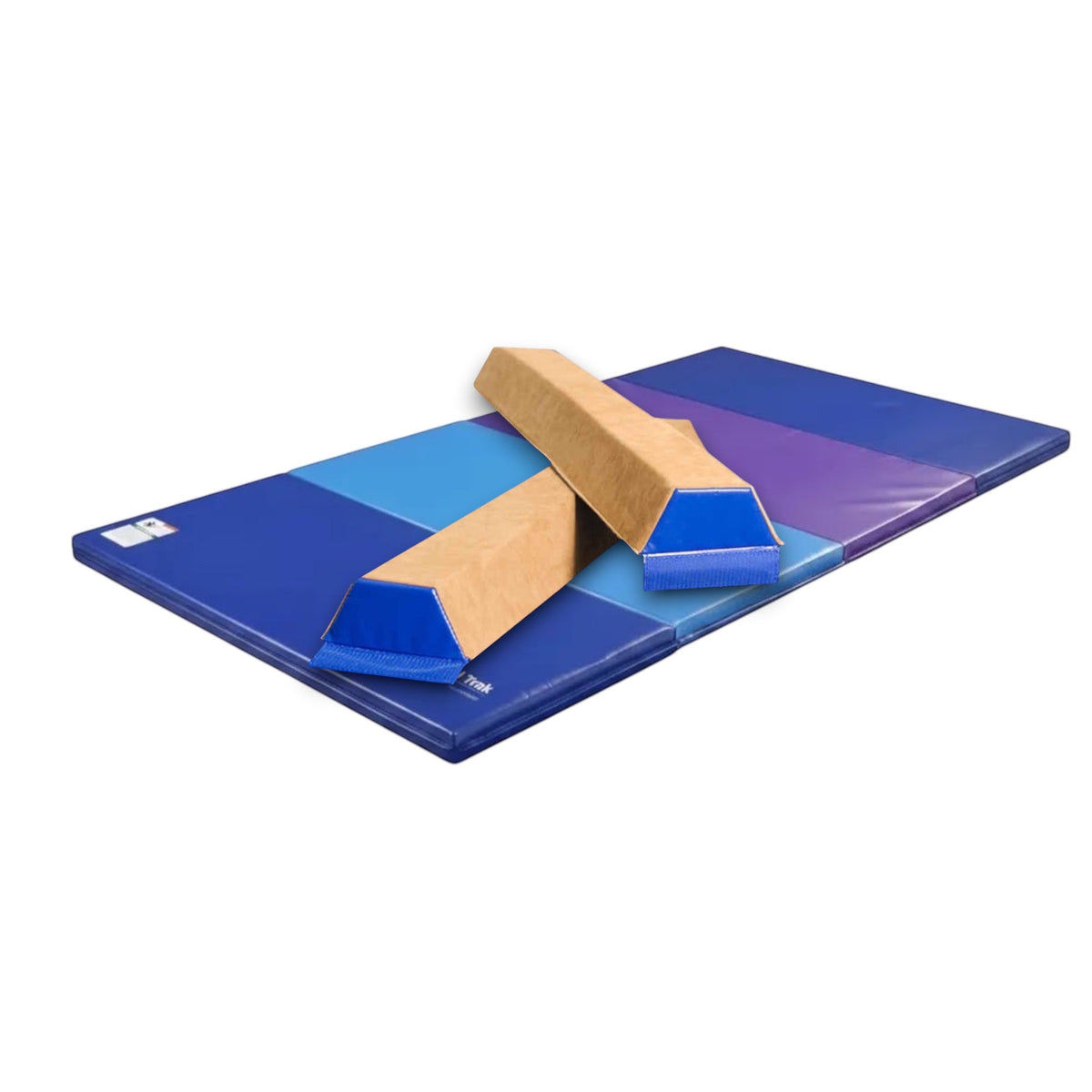 UK Gym Pits folding tumbling mat in blue, light blue, and purple vinyl for gymnastics and home exercise
