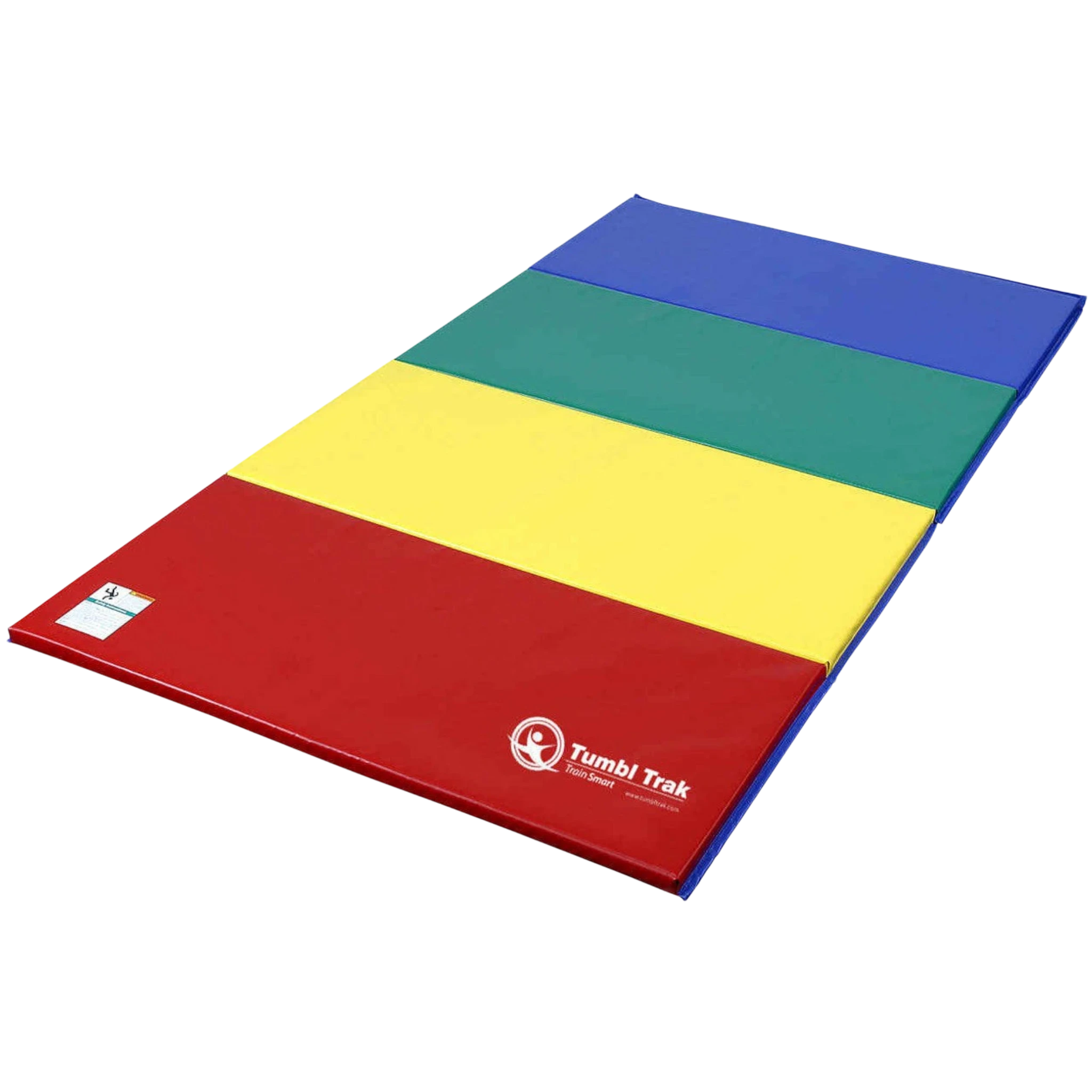 UK Gym Pits multi-coloured folding vinyl tumbling mat for gymnastics and cheer training on a black background