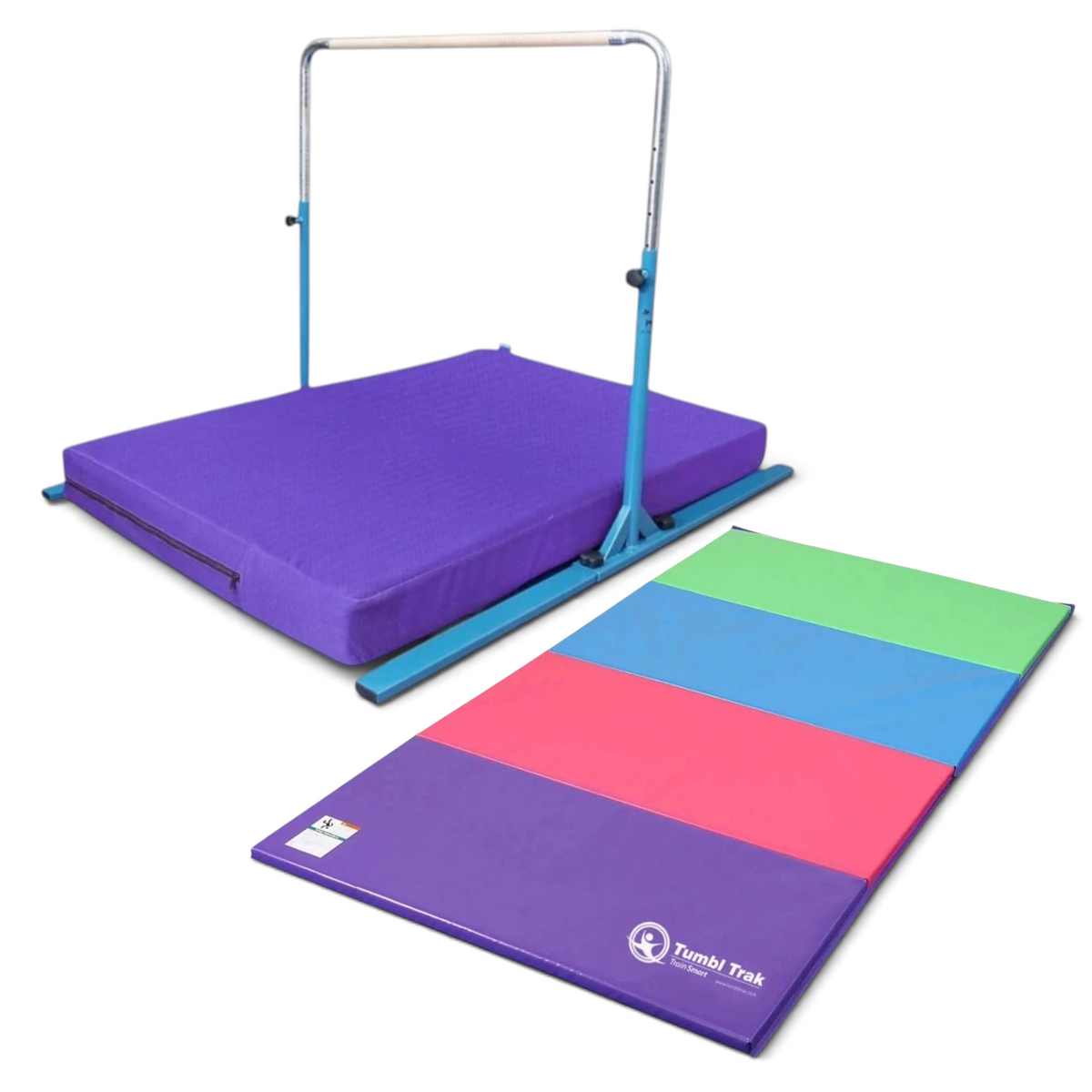 UK Gym Pits multi-coloured folding gymnastics tumbling mat with purple, pink, blue, and green vinyl panels.