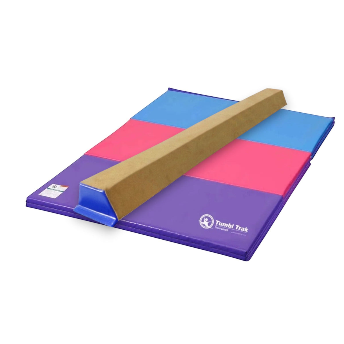 UK Gym Pits folding tumbling mat with blue, pink, and purple vinyl panels for gymnastics and home exercise