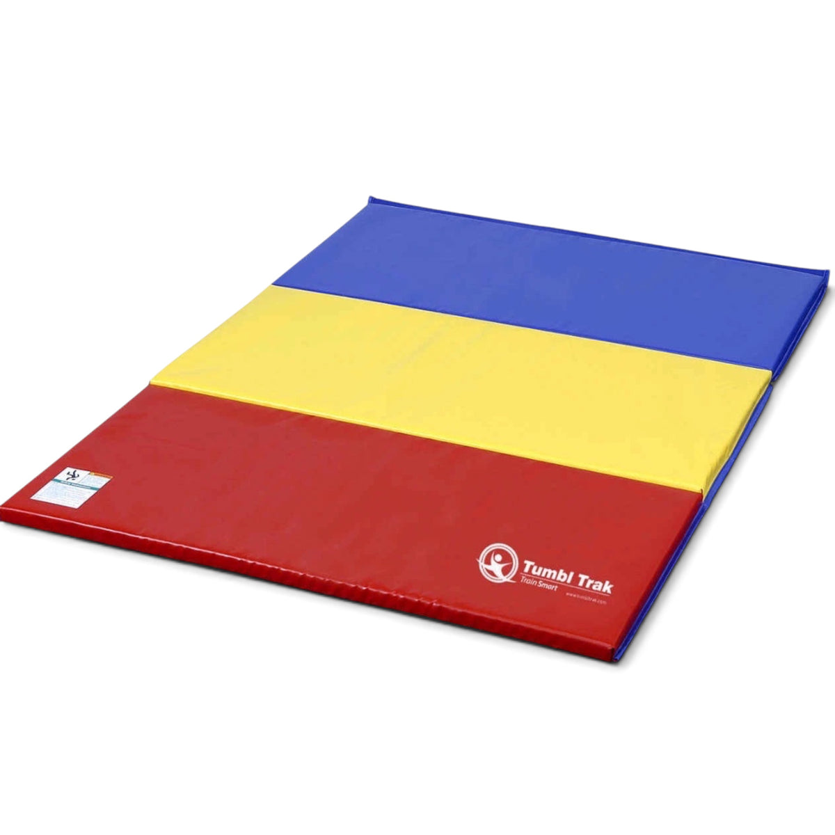 UK Gym Pits foldable tumbling mat in red, yellow, and blue vinyl for gymnastics and exercise training