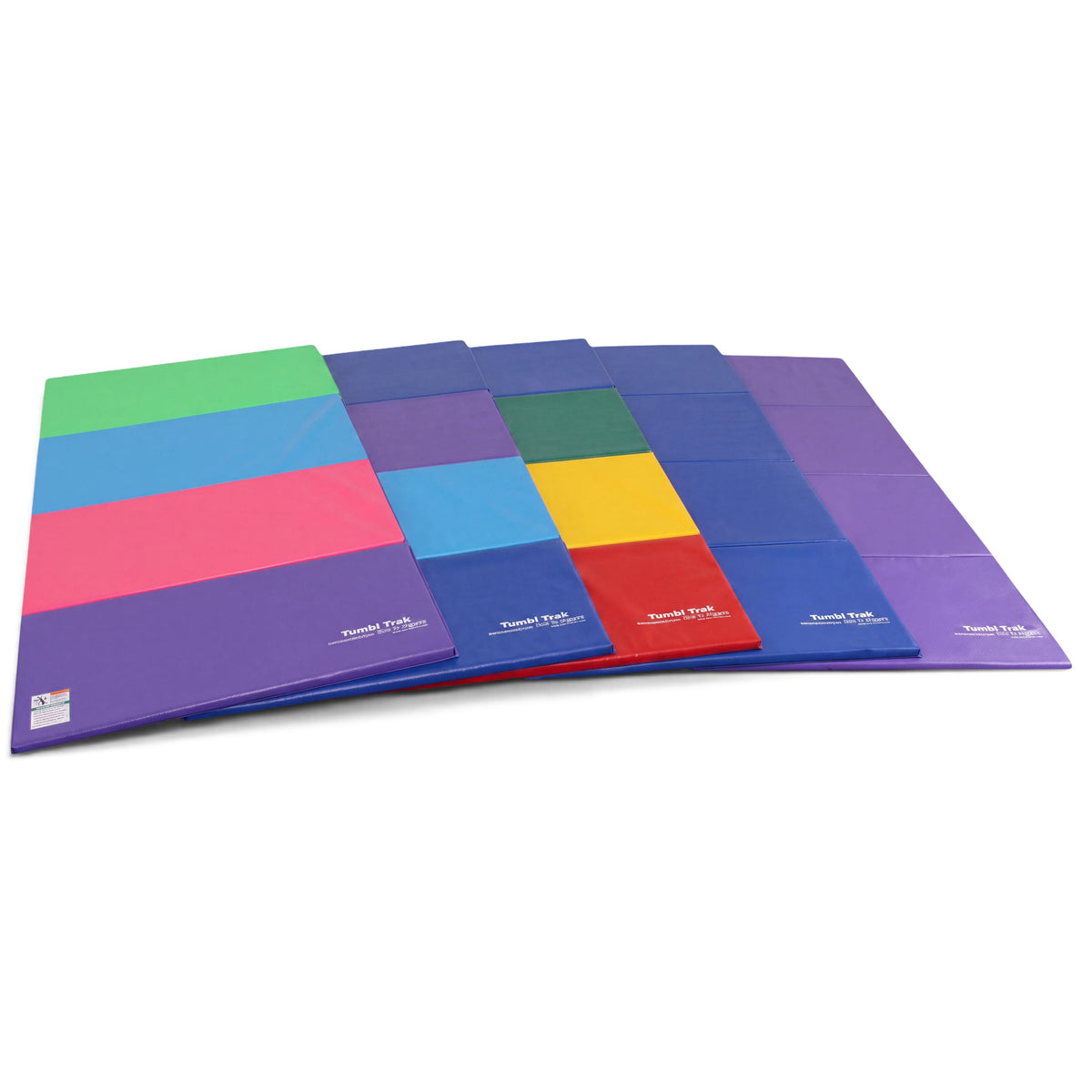 UK Gym Pits multi-coloured folding tumbling mats for gymnastics training on a white background.