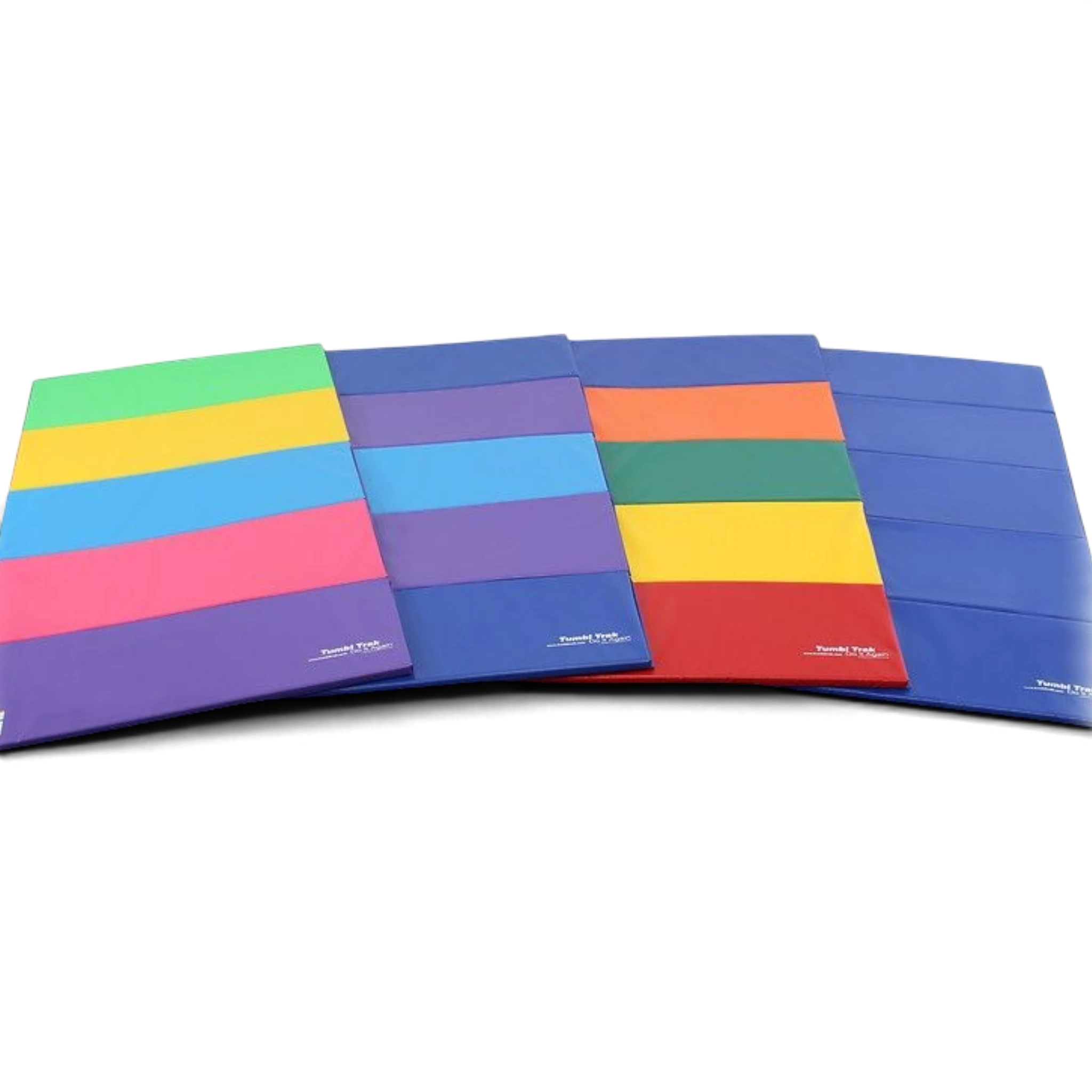 UK Gym Pits multi-coloured folding gymnastics tumbling mats in various vibrant panel designs on a black background