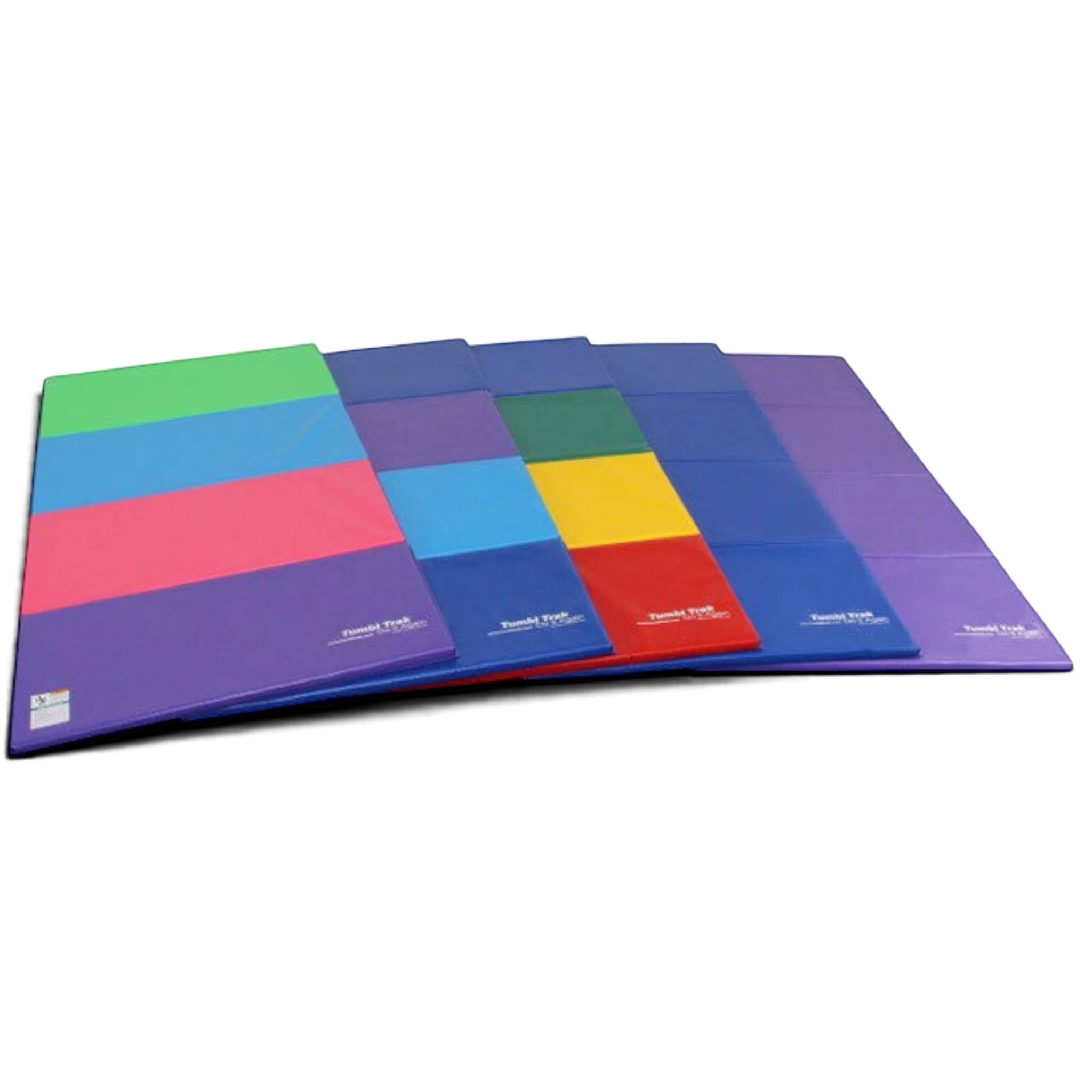 UK Gym Pits colourful folding panel tumbling mats for gymnastics and cheerleading training on a black background