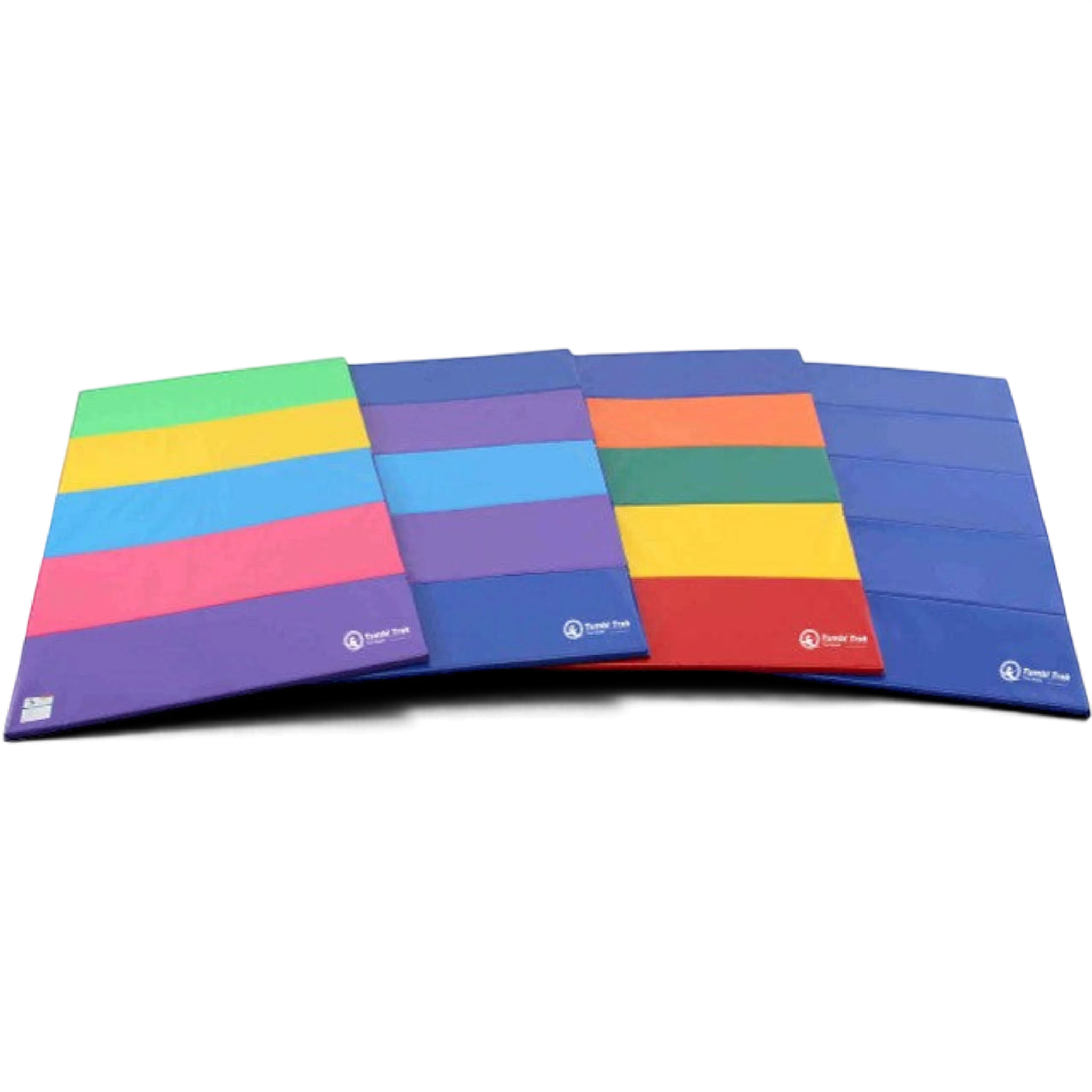 UK Gym Pits essential tumbling package featuring four multi-coloured folding vinyl panel mats for gymnastics training