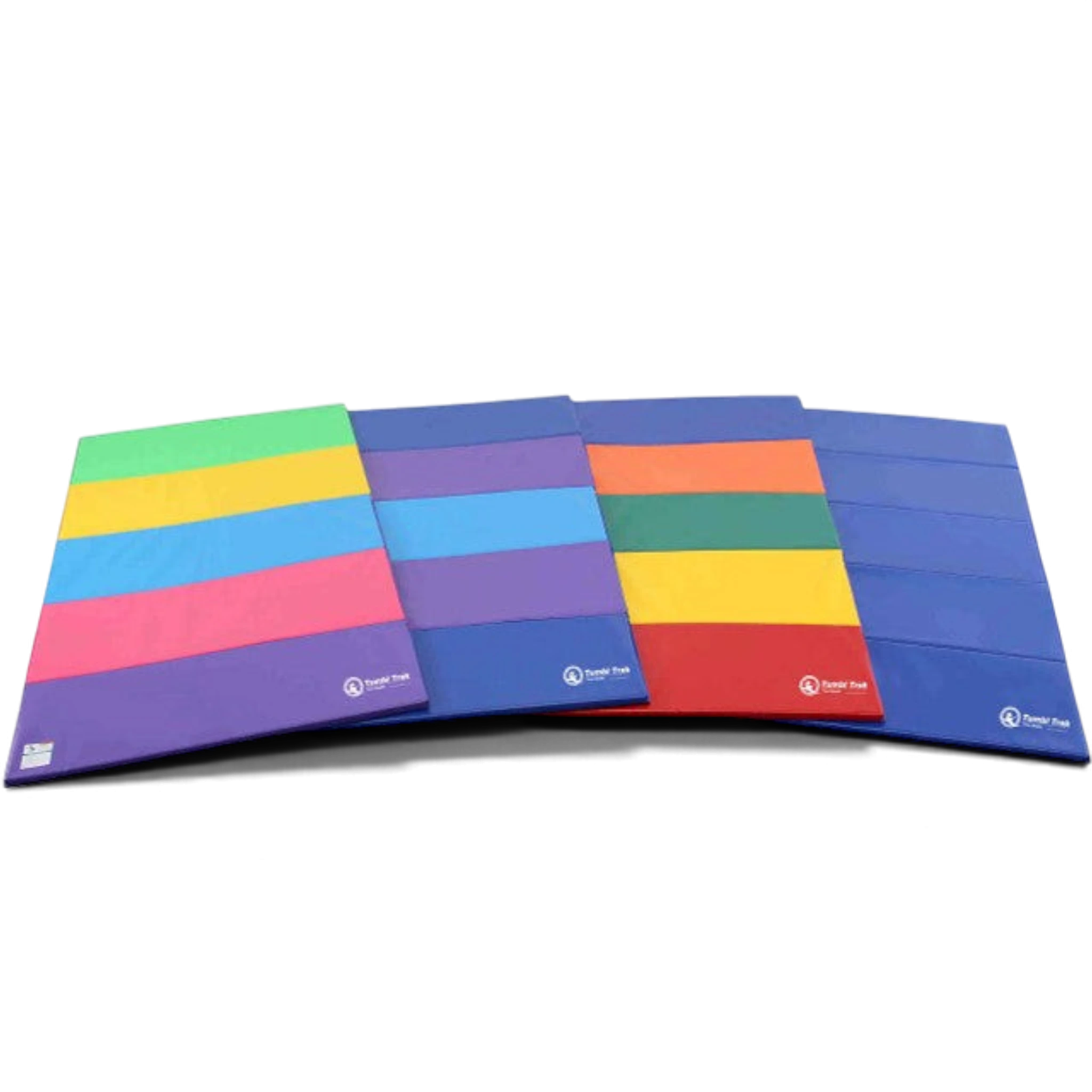 UK Gym Pits multi-coloured folding vinyl tumbling mats for cheerleading and gymnastics training on a black background