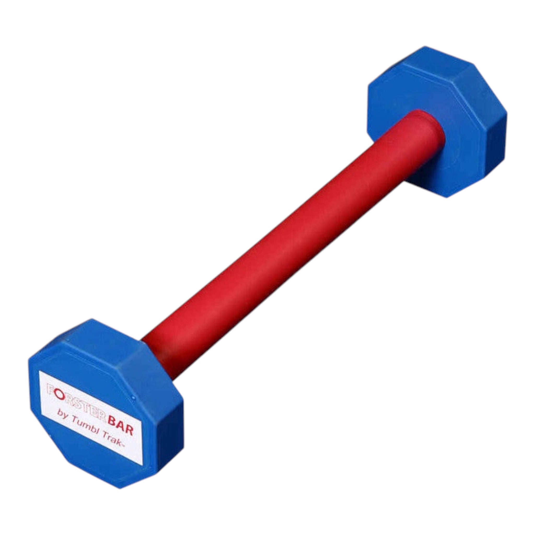 UK Gym Pits Forster Bar training aid with a red foam-padded bar and blue octagonal rubber ends for gymnastics practice