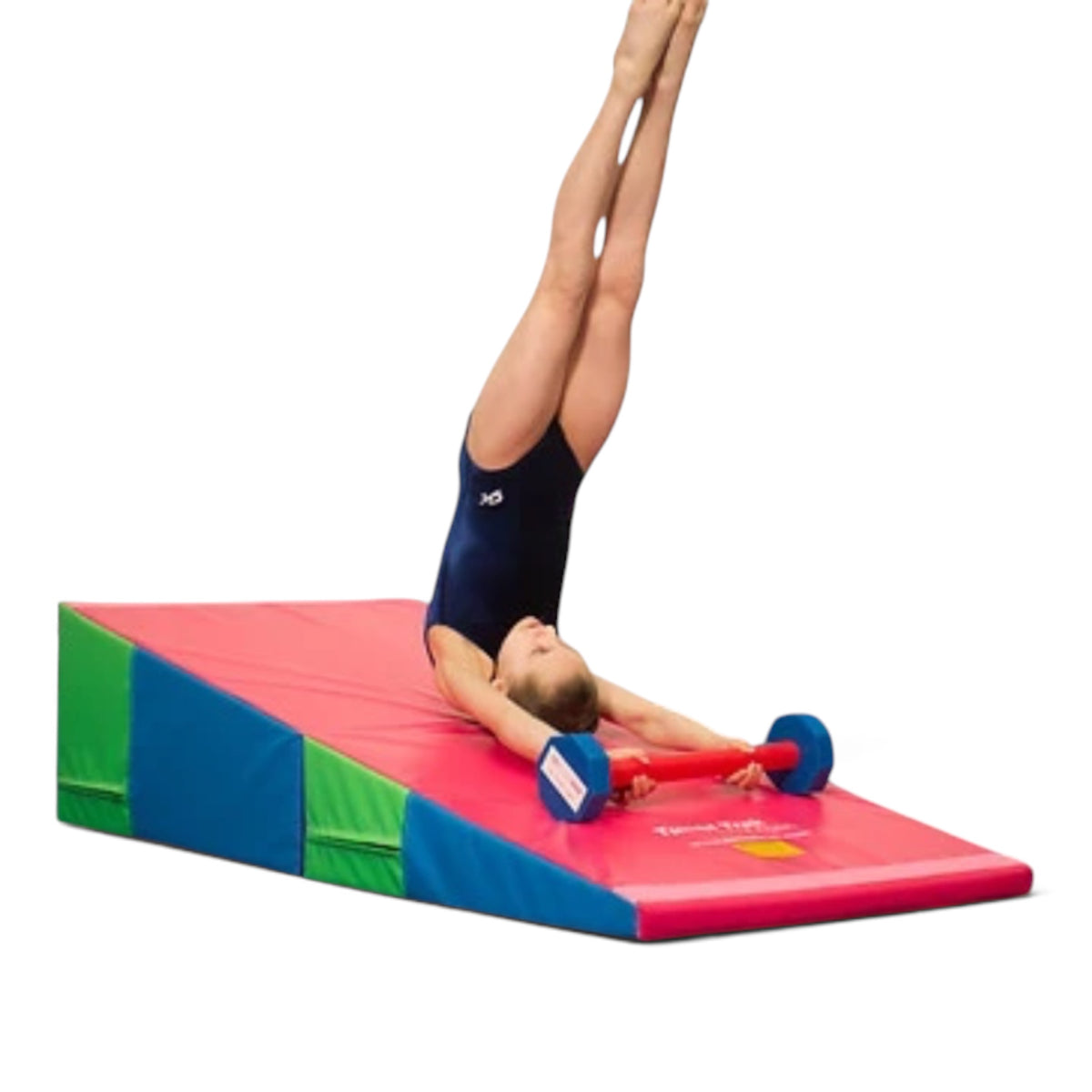 Gymnast using a UK Gym Pits Forster Bar training aid on a multi-coloured incline mat for bar skill practice