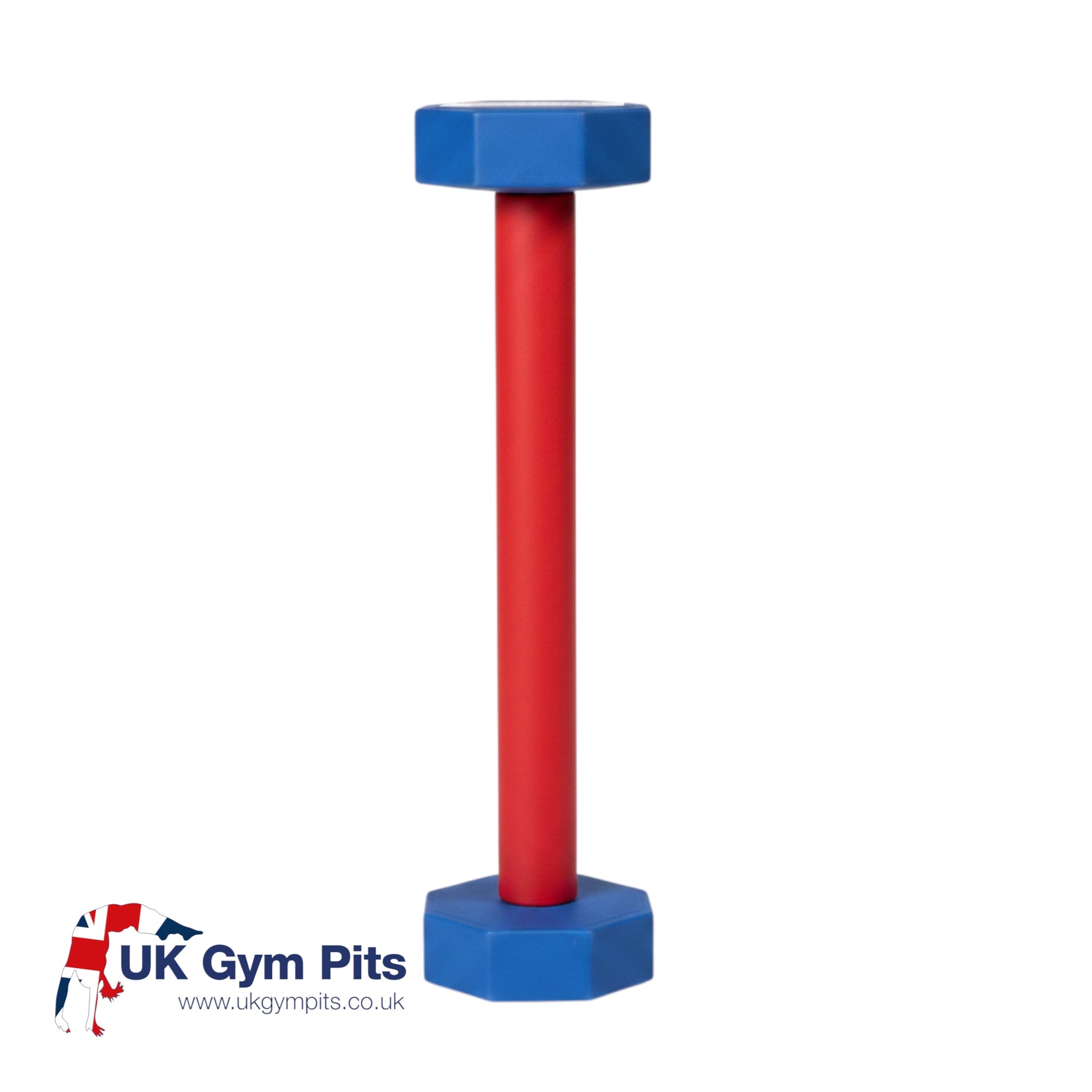 UK Gym Pits Forster Training Bar with red foam-padded grip and blue octagonal rubber ends for gymnastics practice.