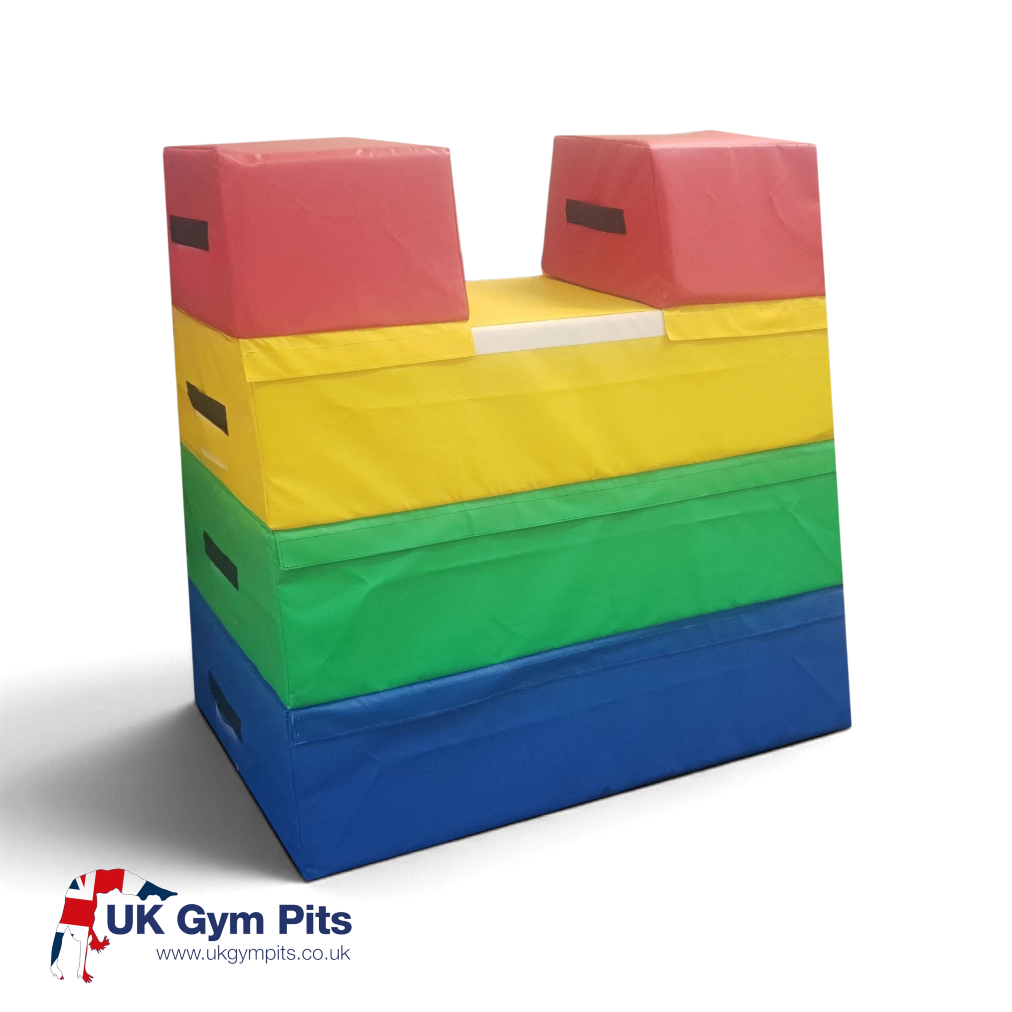 UK Gym Pits 4-tiered foam vault box with a triple-section top in multi-coloured PVC for gymnastics training.