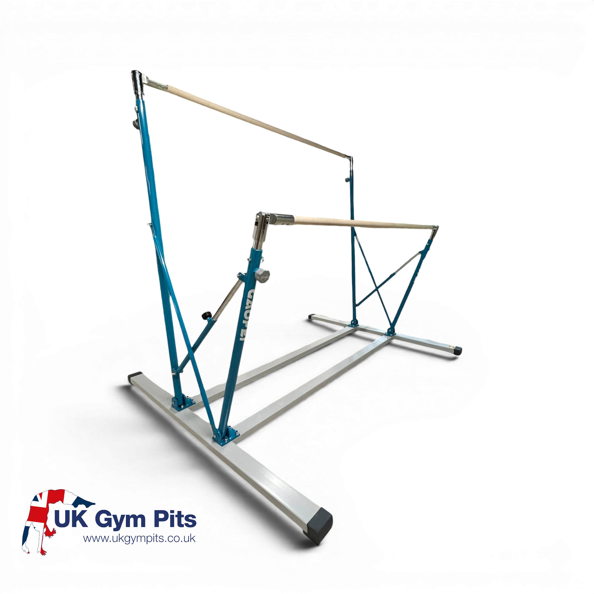 UK Gym Pits Gaofei freestanding asymmetric training bars with blue steel frame and wooden handrails for junior gymnasts