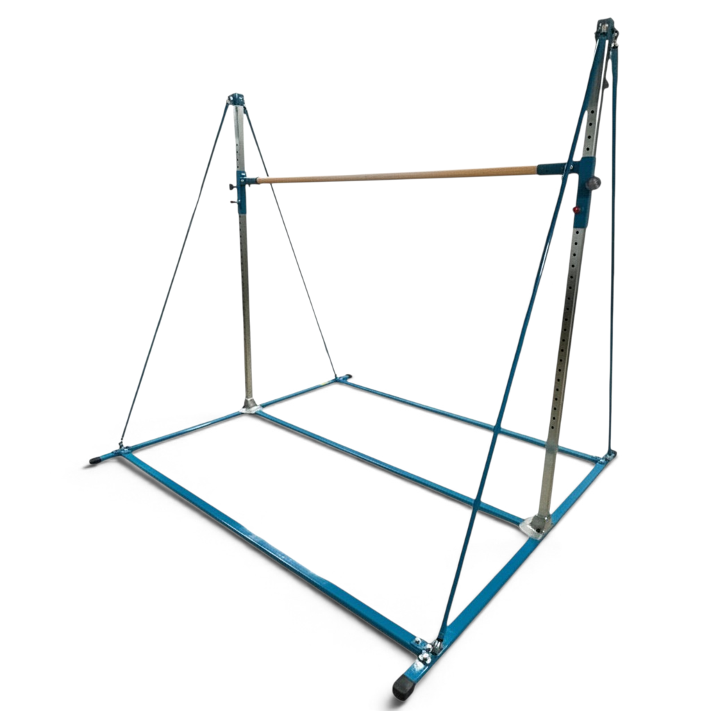 UK Gym Pits freestanding high bar for junior gymnastics training with a blue steel frame and wooden handrail.
