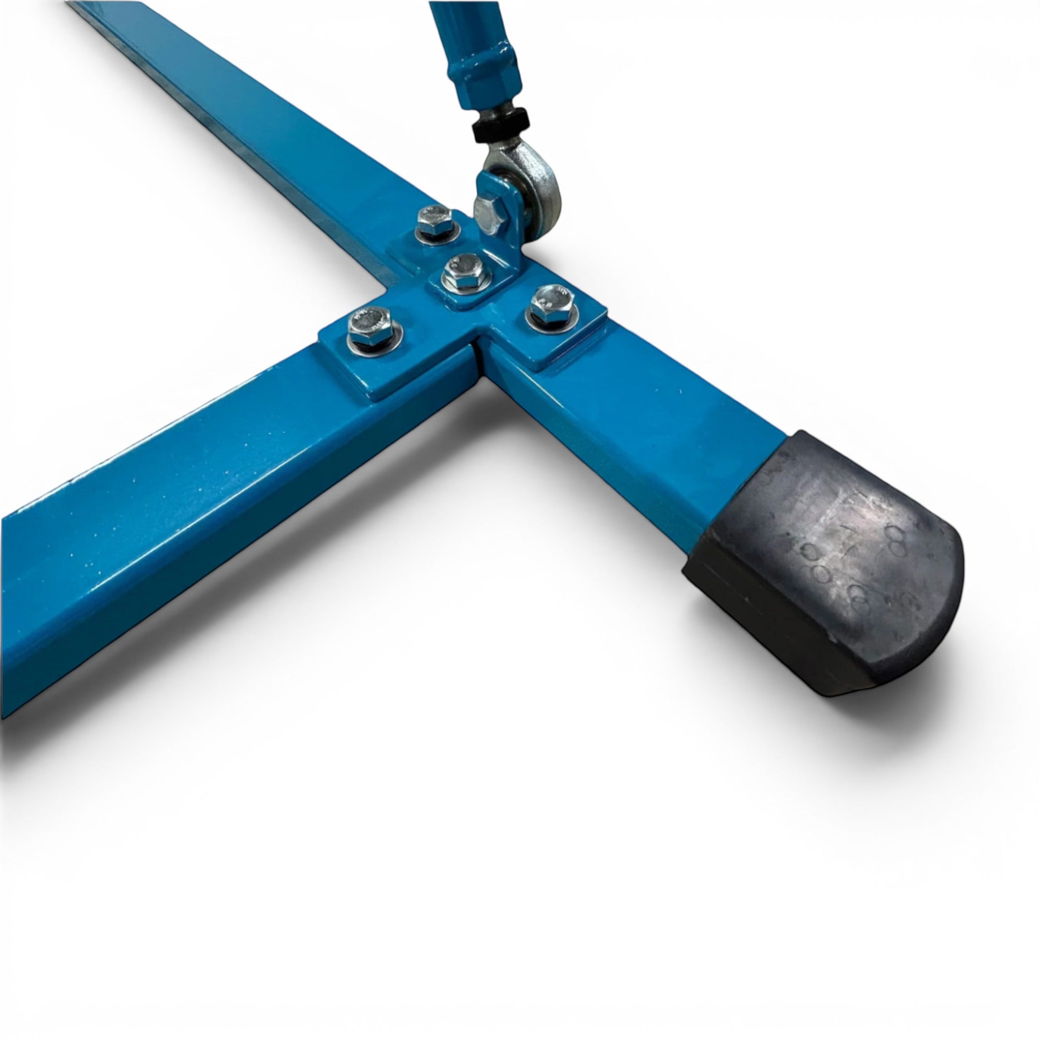 UK Gym Pits blue powder-coated steel base of a freestanding gymnastics high bar with a protective rubber end cap.