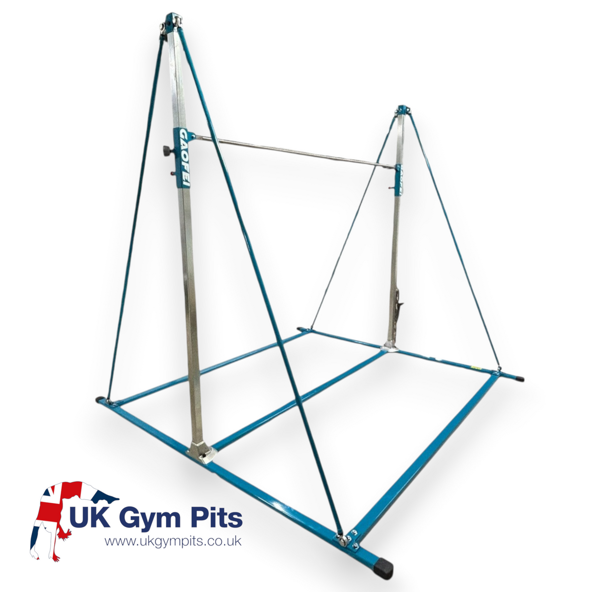 UK Gym Pits Gaofei freestanding gymnastics high bar with a blue powder-coated steel frame for junior training.