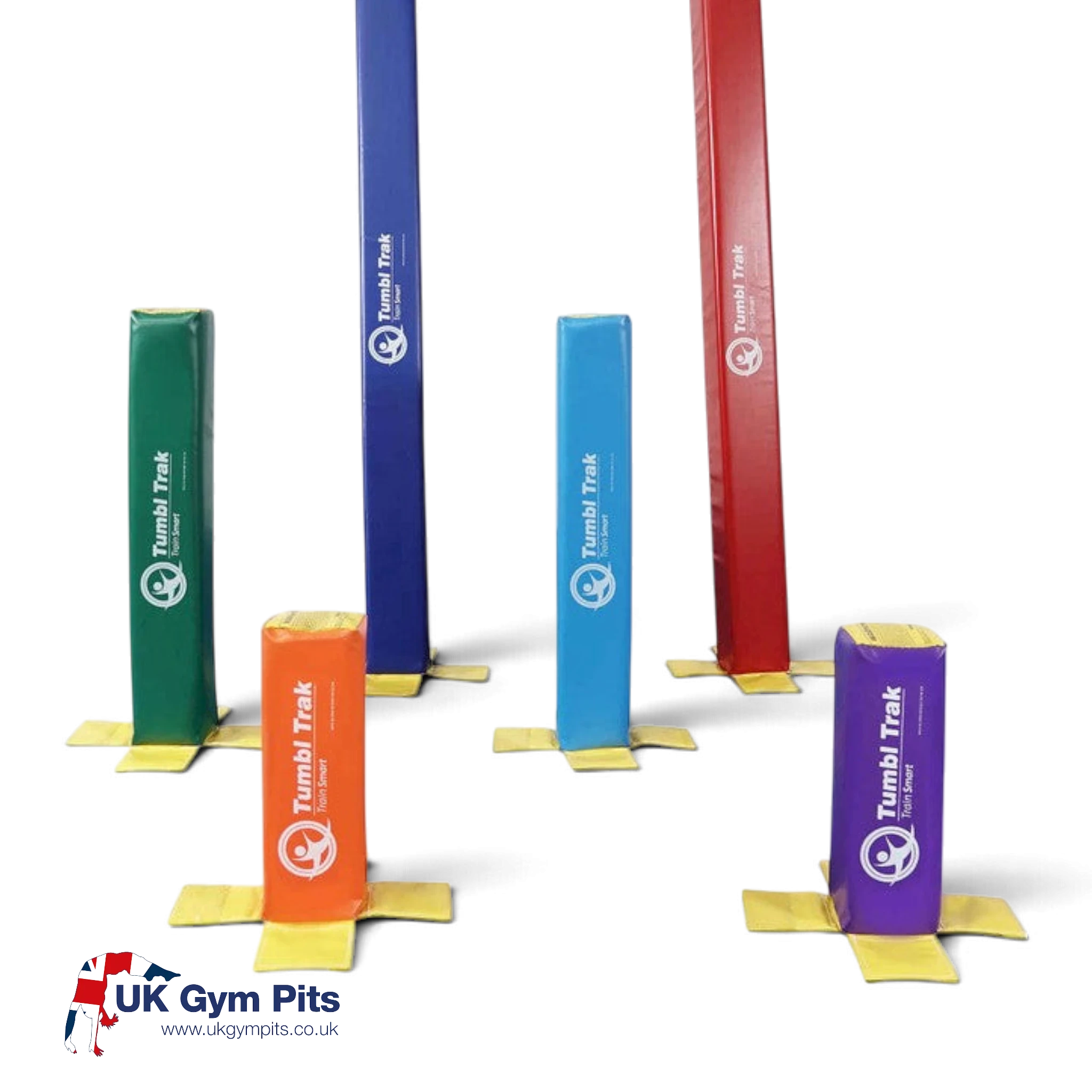UK Gym Pits Fun Sticks set in assorted colours for gymnastics handstand training with Velcro base attachments.