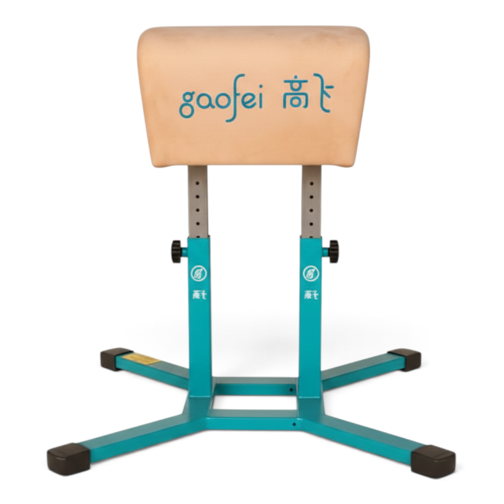 UK Gym Pits Gaofei height adjustable gymnastics buck horse with beige leatherette body and teal steel frame