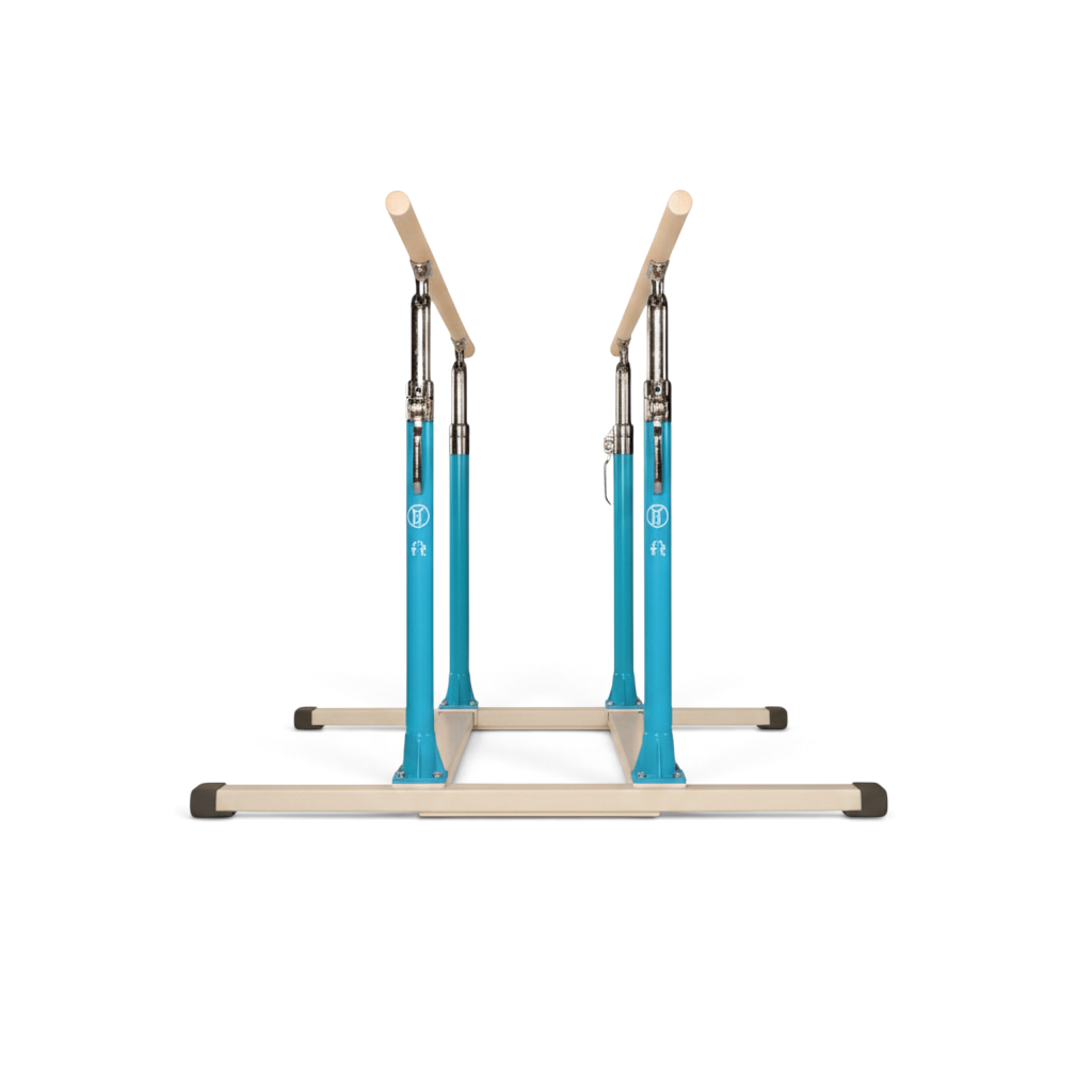 UK Gym Pits Gaofei adjustable parallel bars with blue steel frame and wooden bars for gymnastics training