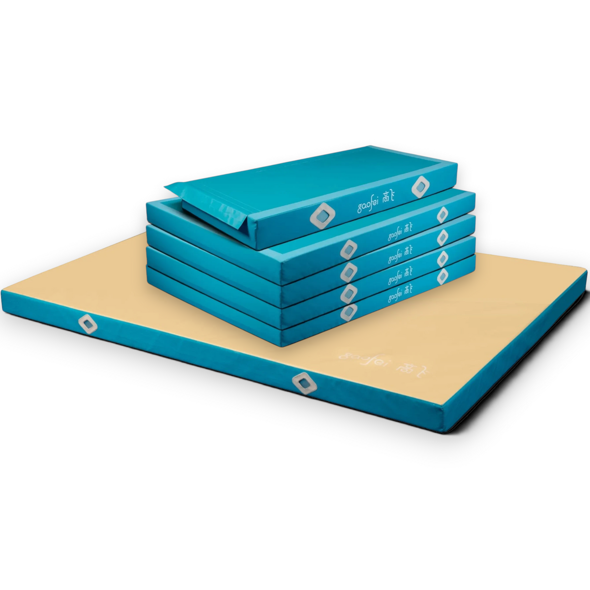 UK Gym Pits Gaofei FIG approved blue and beige asymmetric bars landing mats with Velcro locking system