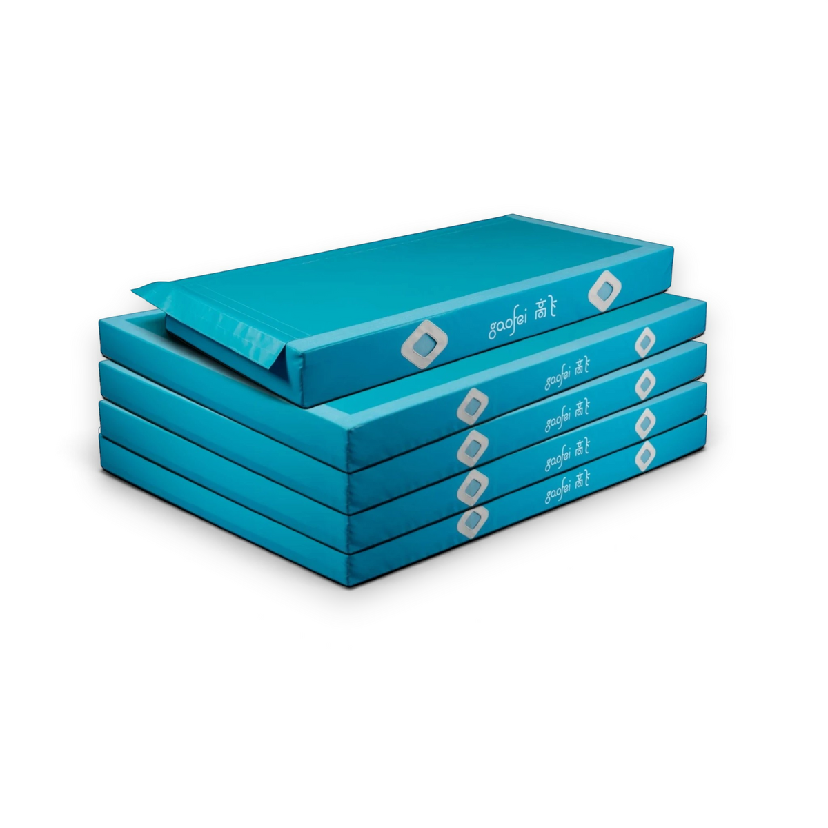 UK Gym Pits Gaofei blue asymmetric bars landing mats stacked for gymnastics training and competition use