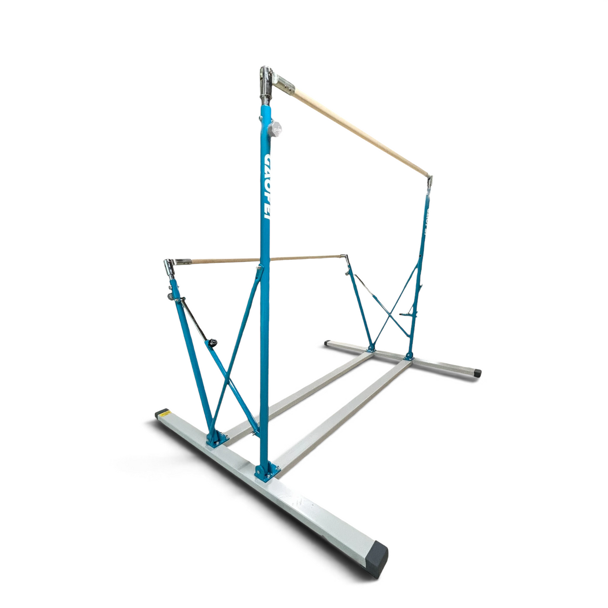 UK Gym Pits Gaofei freestanding asymmetric training bars with blue steel frame and wooden handrails for junior gymnasts.