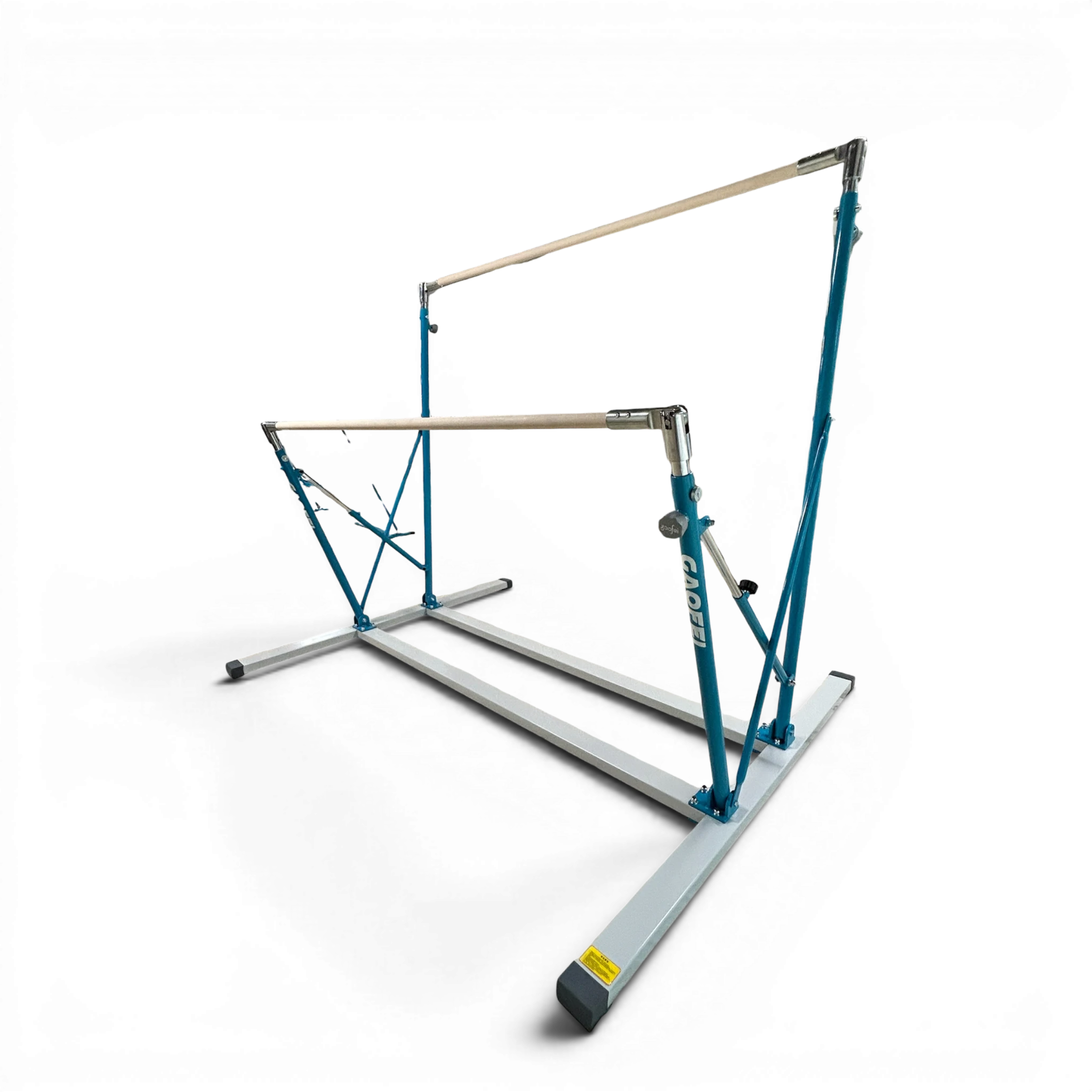 UK Gym Pits Gaofei freestanding asymmetric training bars with blue steel frame and wooden handrails for junior gymnasts.