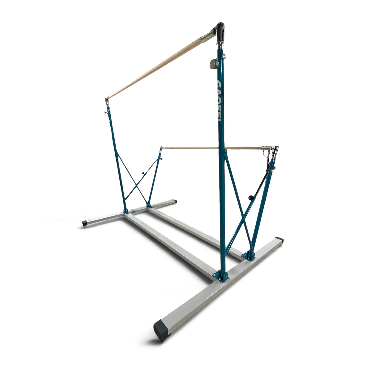 UK Gym Pits Gaofei freestanding asymmetric training bars with wooden handrails and blue powder-coated steel frame.