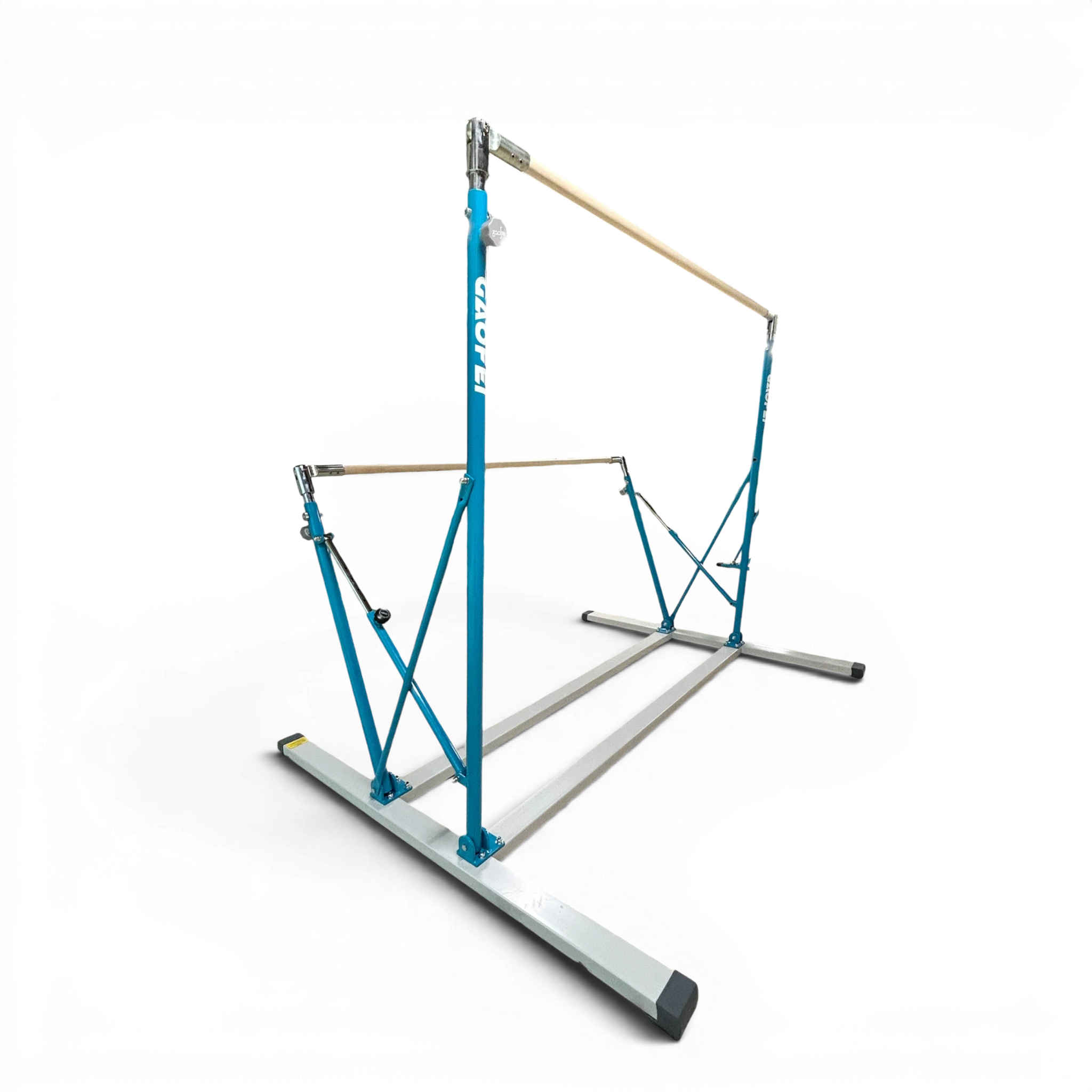UK Gym Pits Gaofei freestanding asymmetric training bars with blue steel frame and wooden handrails for junior gymnasts.