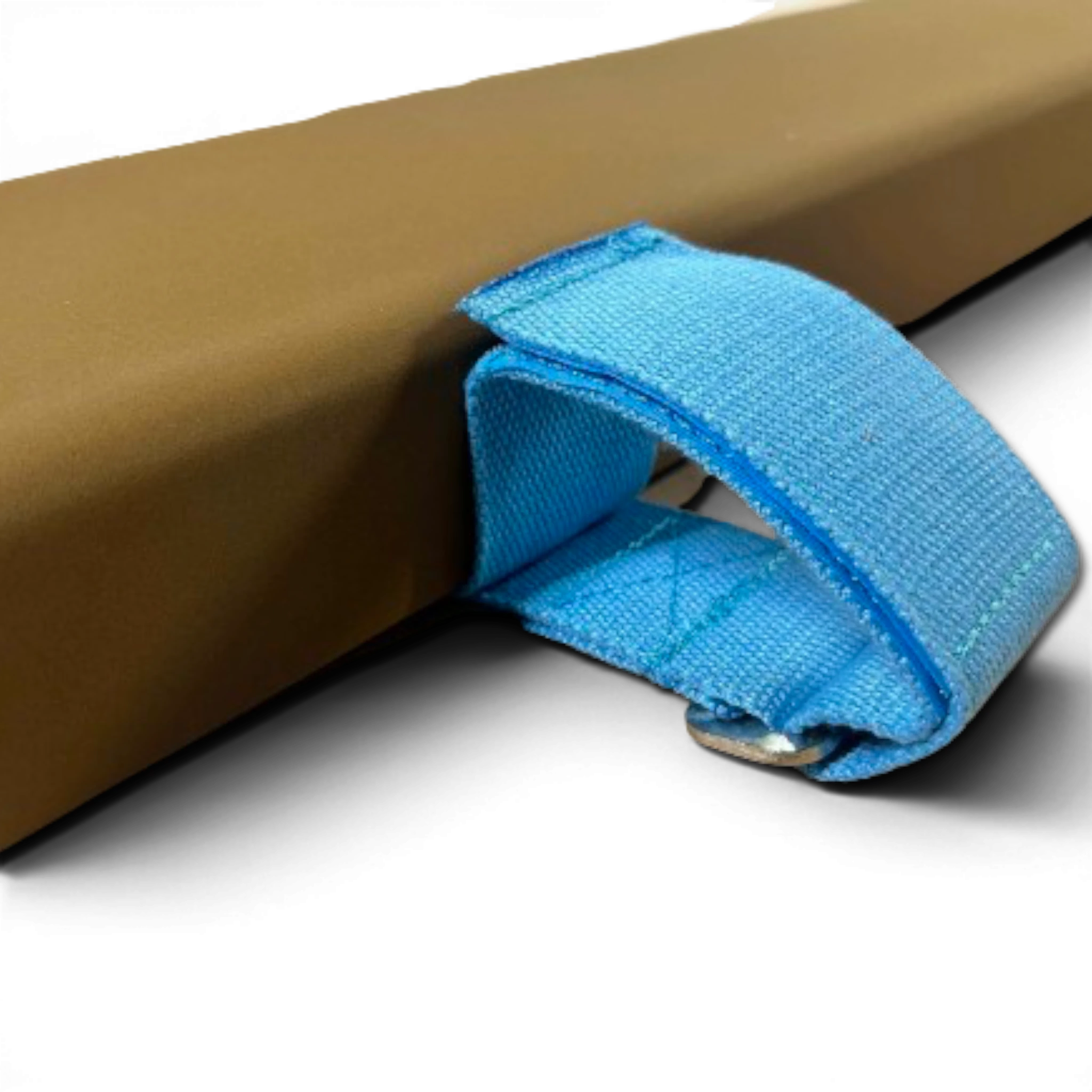 UK Gym Pits Gaofei beam enlarger with a blue Velcro strap secured to a brown gymnastics training beam
