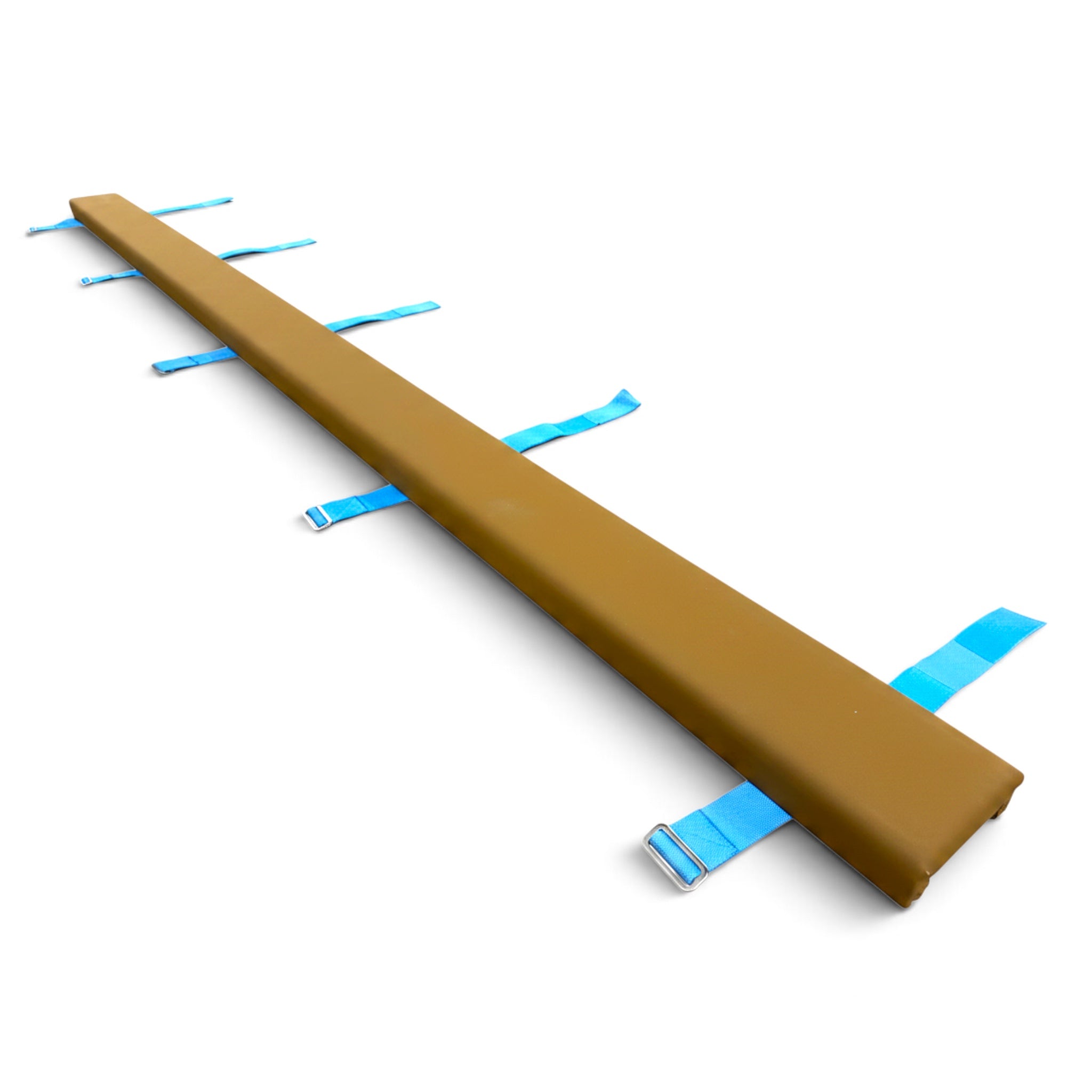 UK Gym Pits Gaofei 3m beam enlarger in tan with blue Velcro straps for secure gymnastics training