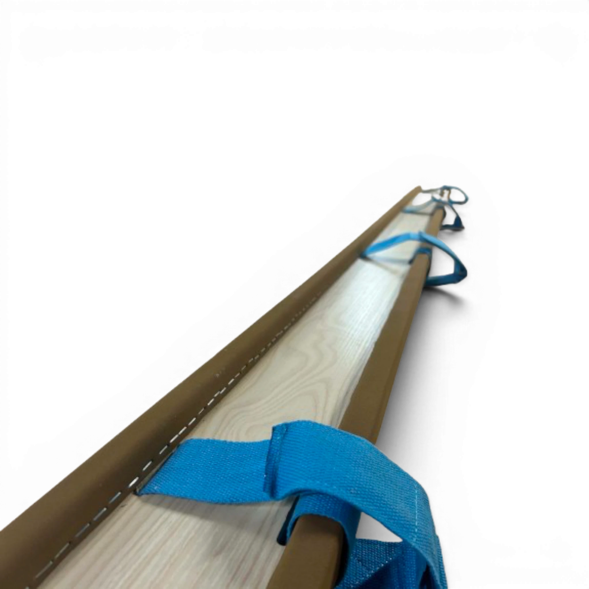 UK Gym Pits Gaofei 2.5m beam enlarger with brown padded edges and blue velcro straps on a wooden gymnastics beam